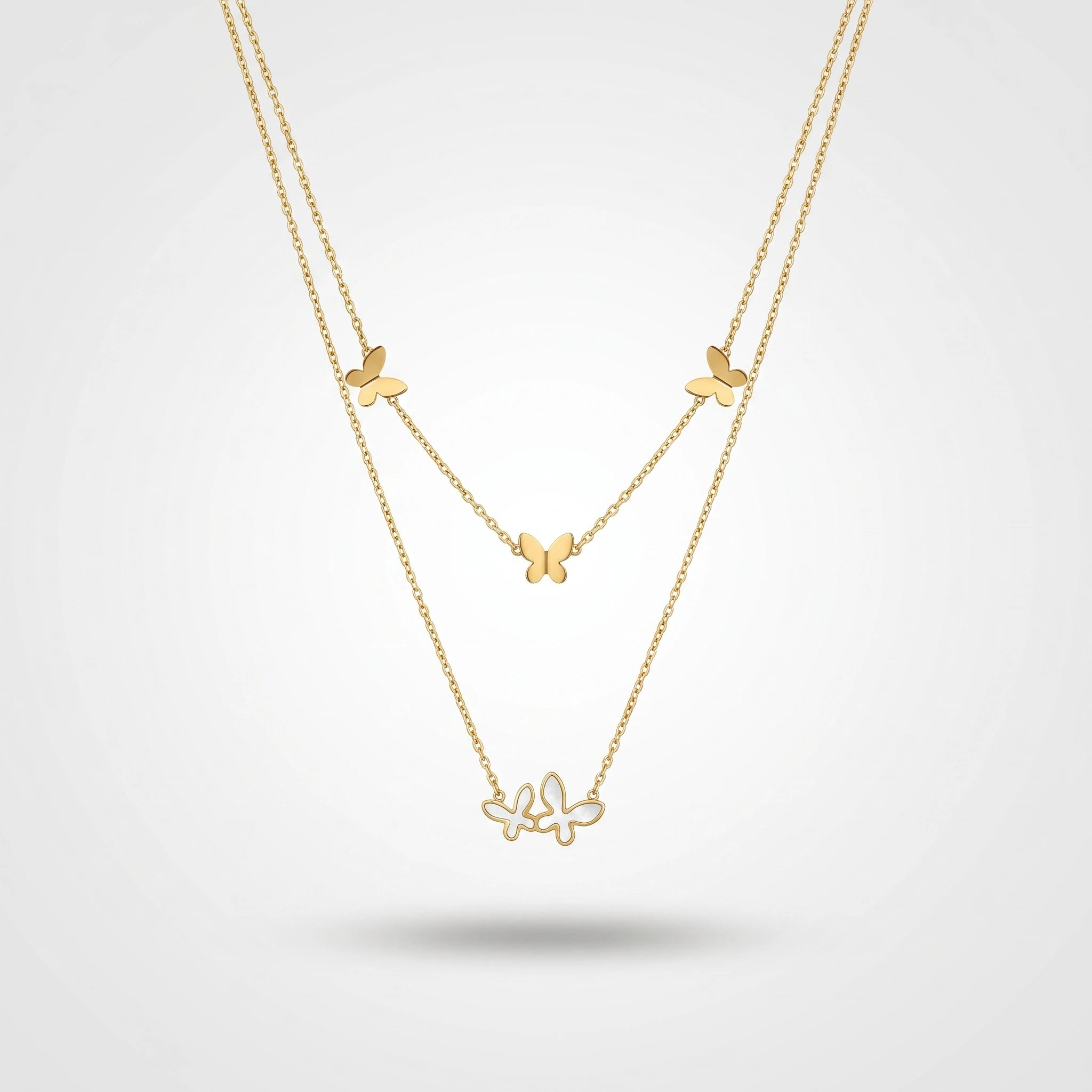 QIAOREN 13937 Double Layer Thin Chain Butterfly Pendant Necklace with Solid Butterflies & Intertwined Mother of Pearl Butterfly