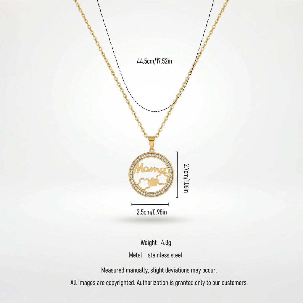 QIAOREN 12235 Trendy CZ Pave Mama Necklace Gold Stainless Steel Circle Mother's Day Gift Flower Pendant Jewelry for Women US EU