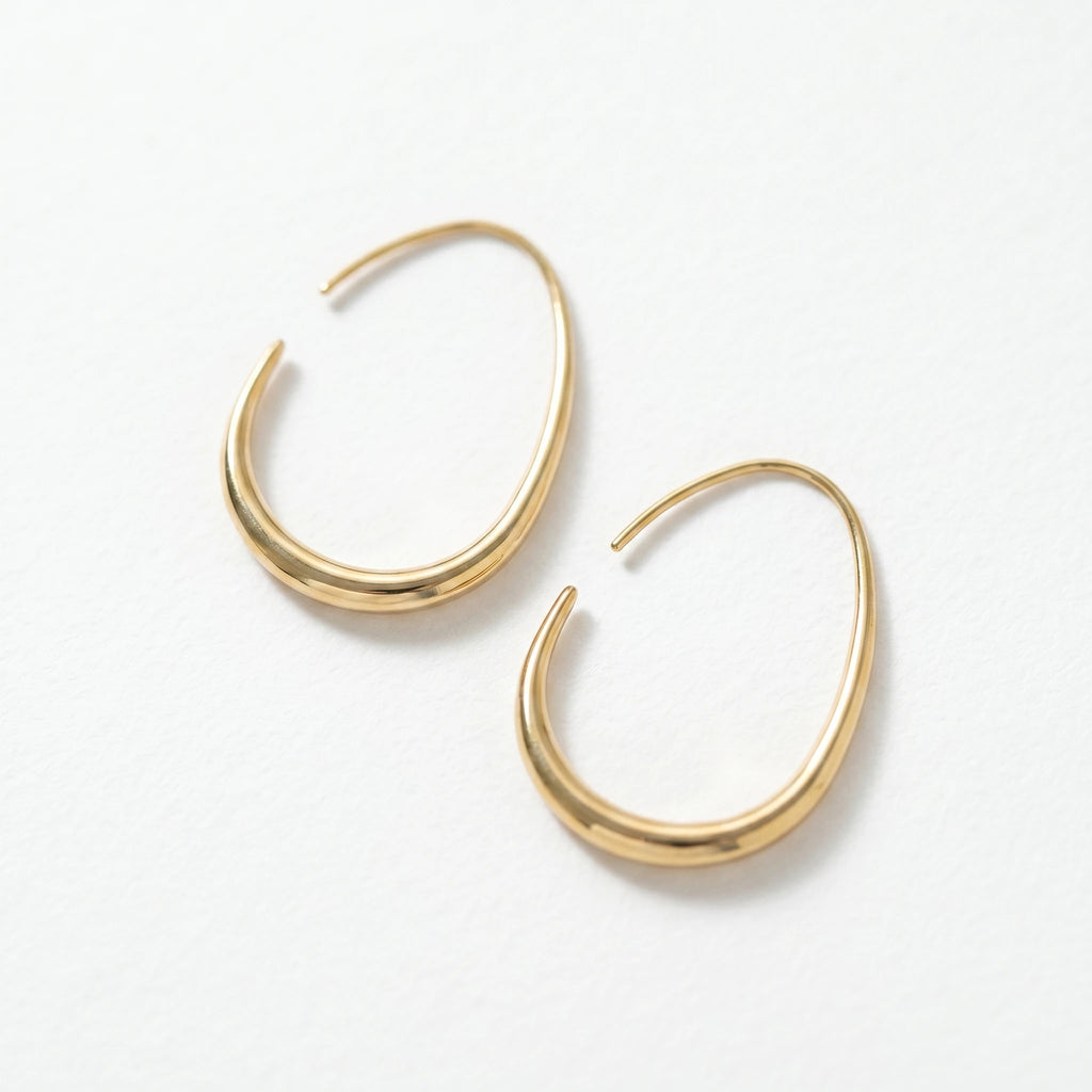 QIAOREN 12321 Waterproof Tarnish Free Open Drop Hoop Earrings Gold Stainless Steel Tapered Oval Egg Shaped Minimalist Jewelry