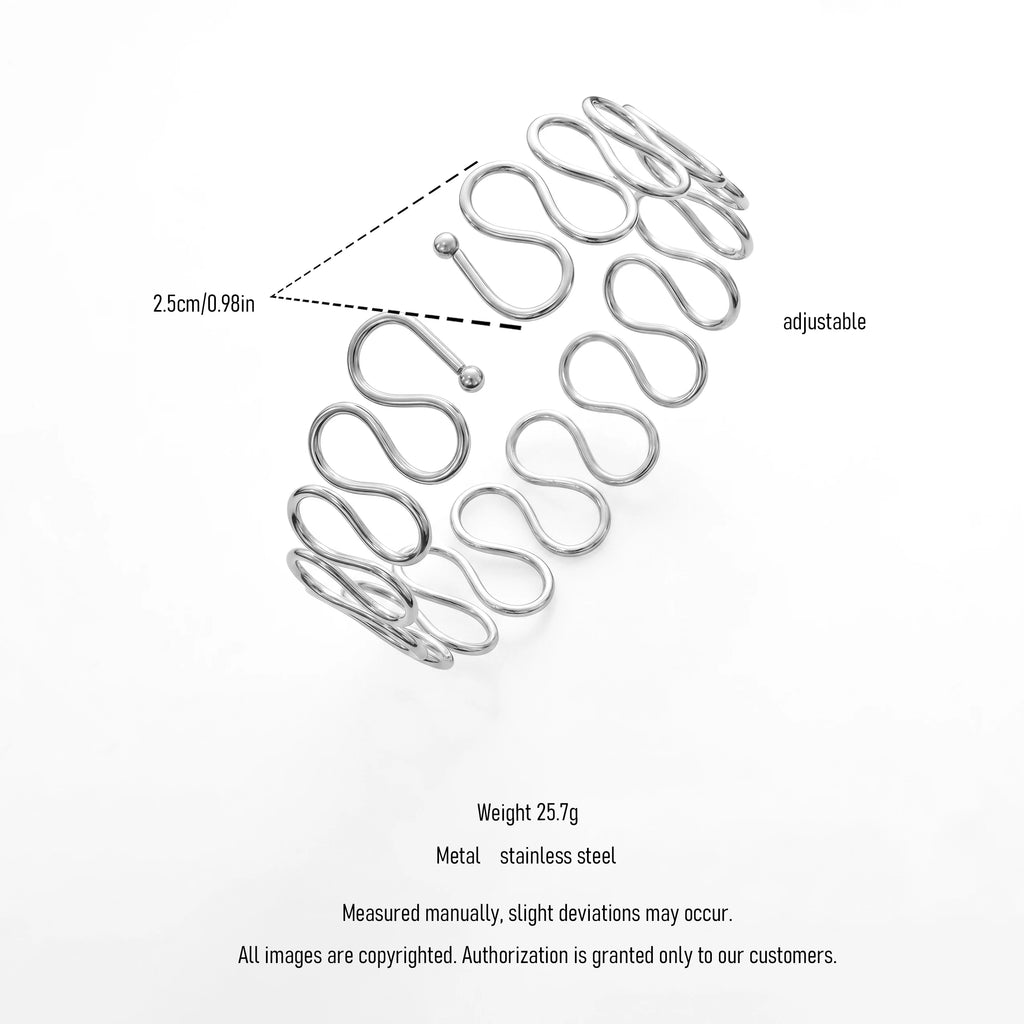 QIAOREN 12805 Stainless Steel Silver Multi Wave Open Cuff Bangle Adjustable Twisted Loop Wide Wrist Bracelet for Women