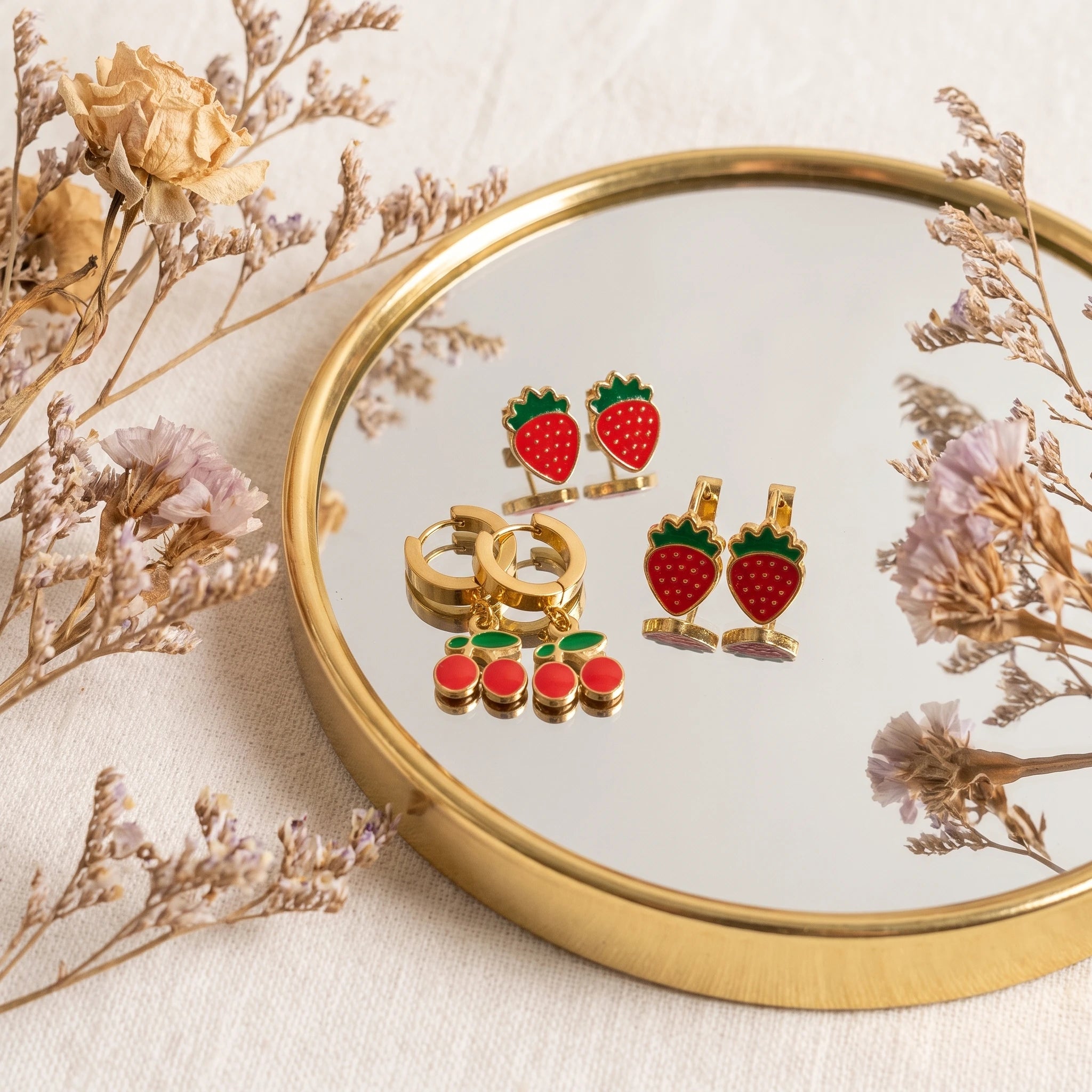 QIAOREN 14528 Waterproof Stainless Steel Fruit Earrings Set Strawberry Cherry Hoop Stud Earrings Enamel Jewelry Women