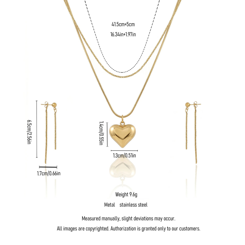 QIAOREN 12862 Waterproof Puffy Heart Necklace & Drop Earrings Set, Tarnish Free 18K Gold Plated Layered Jewelry for Women