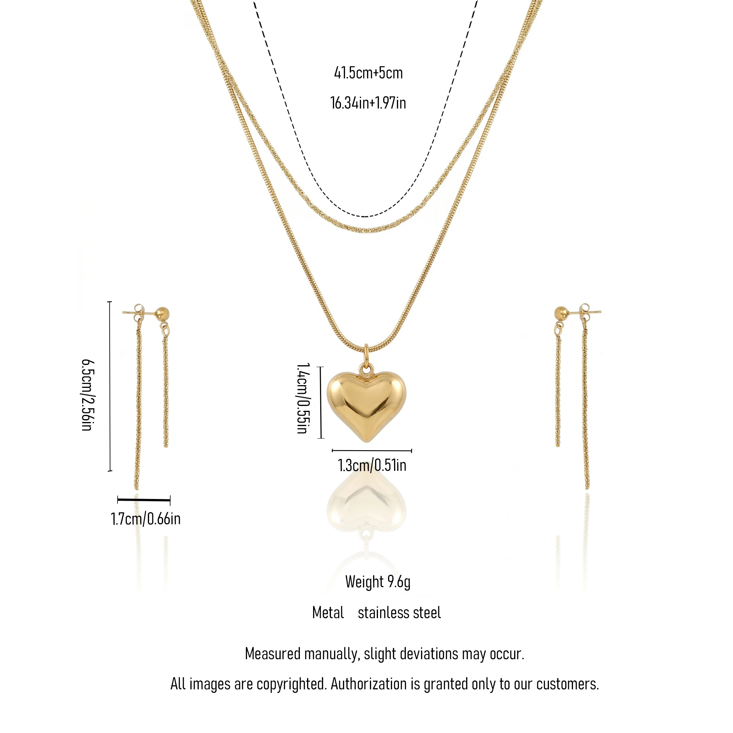 QIAOREN 12862 Waterproof Puffy Heart Necklace & Drop Earrings Set, Tarnish Free 18K Gold Plated Layered Jewelry for Women
