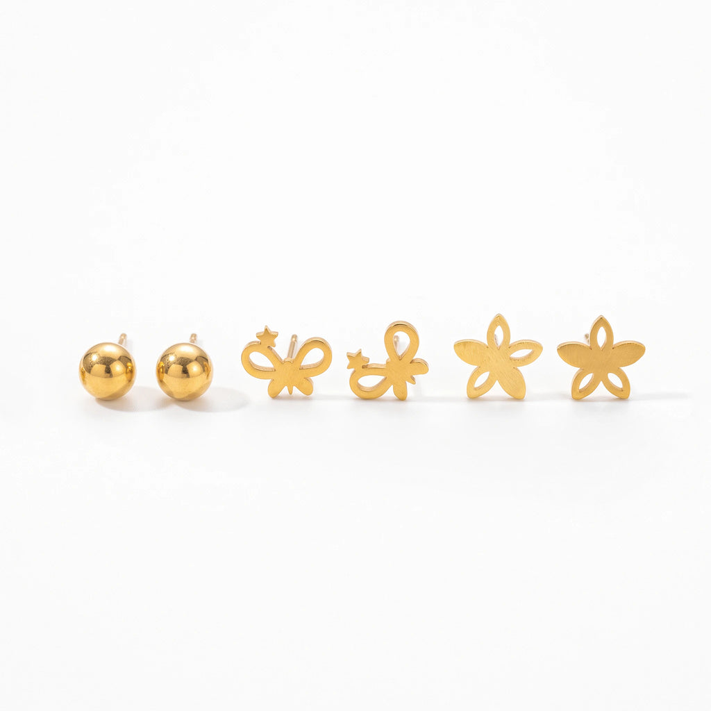 QIAOREN 14453 3 Pair Gold Stainless Steel Stud Earrings, Hollow Star Bow & Flower Studs for Daily Casual Fashion Outfits