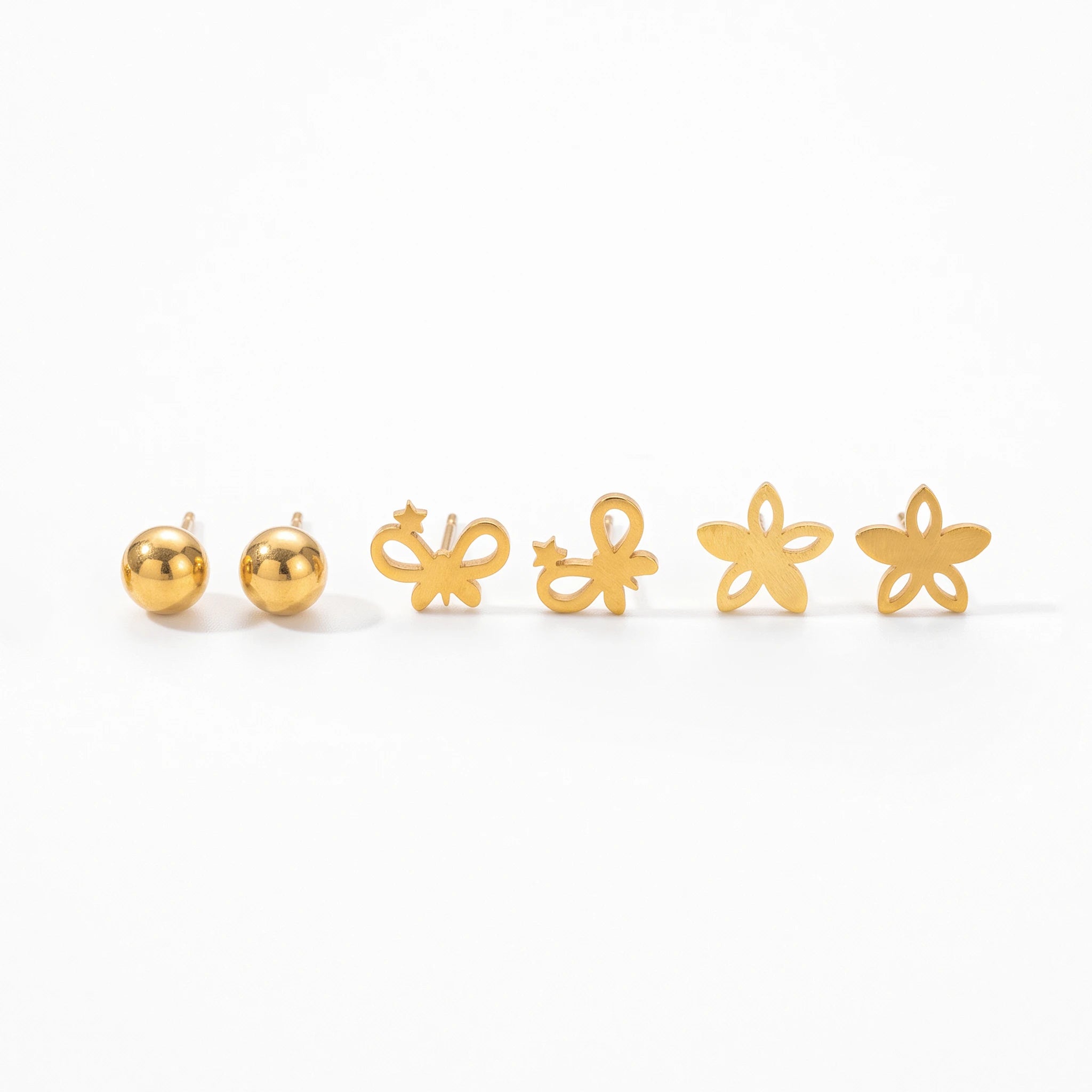 QIAOREN 14453 3 Pair Gold Stainless Steel Stud Earrings, Hollow Star Bow & Flower Studs for Daily Casual Fashion Outfits