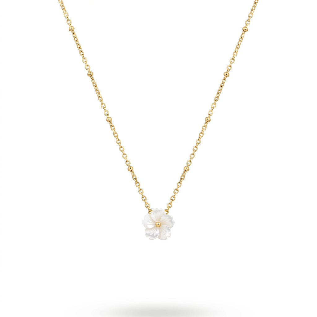 QIAOREN 13523 Dainty White Shell Flower Pendant Station Necklace with Round Beaded Thin Cable Chain, Gold Tiny Floral Necklace
