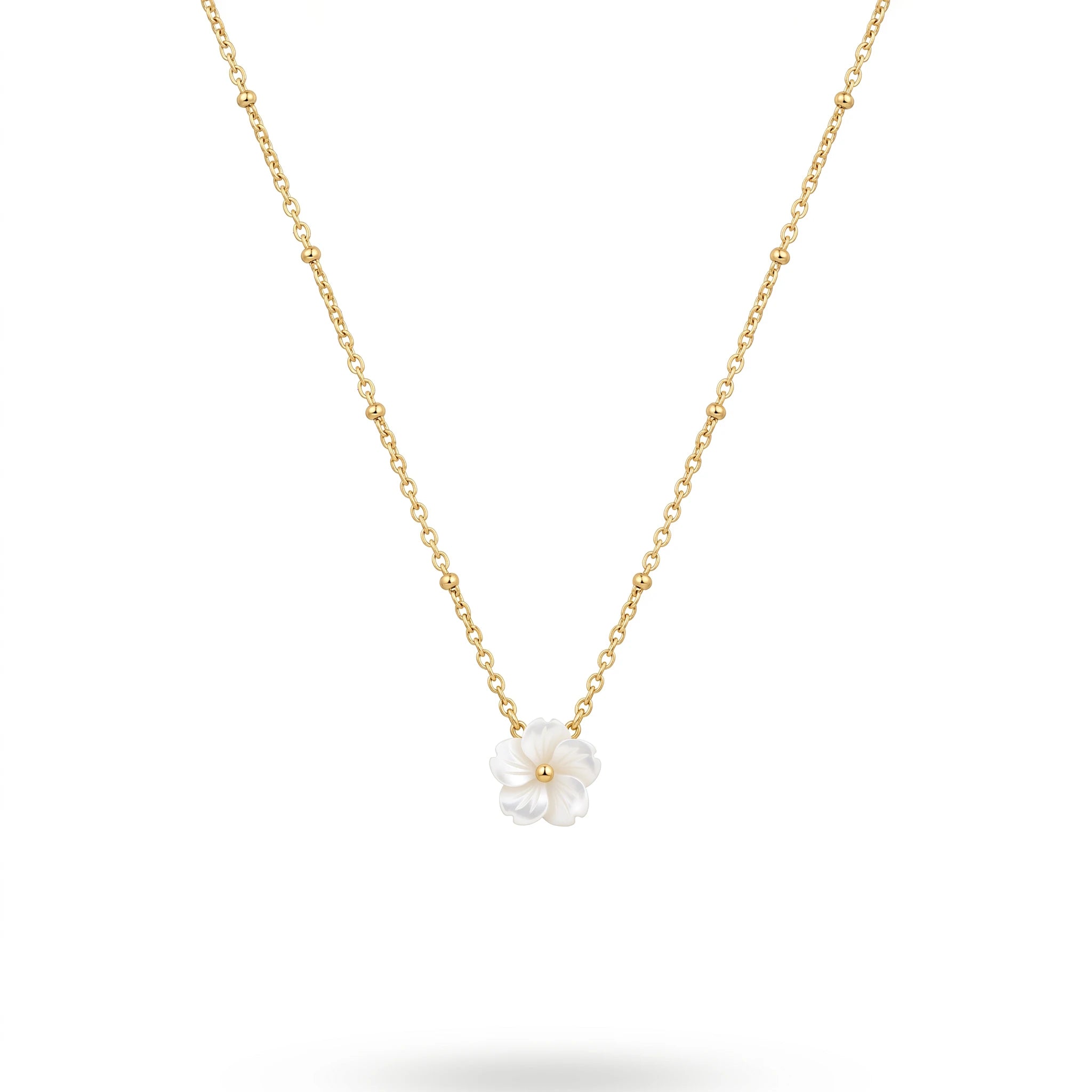 QIAOREN 13523 Dainty White Shell Flower Pendant Station Necklace with Round Beaded Thin Cable Chain, Gold Tiny Floral Necklace