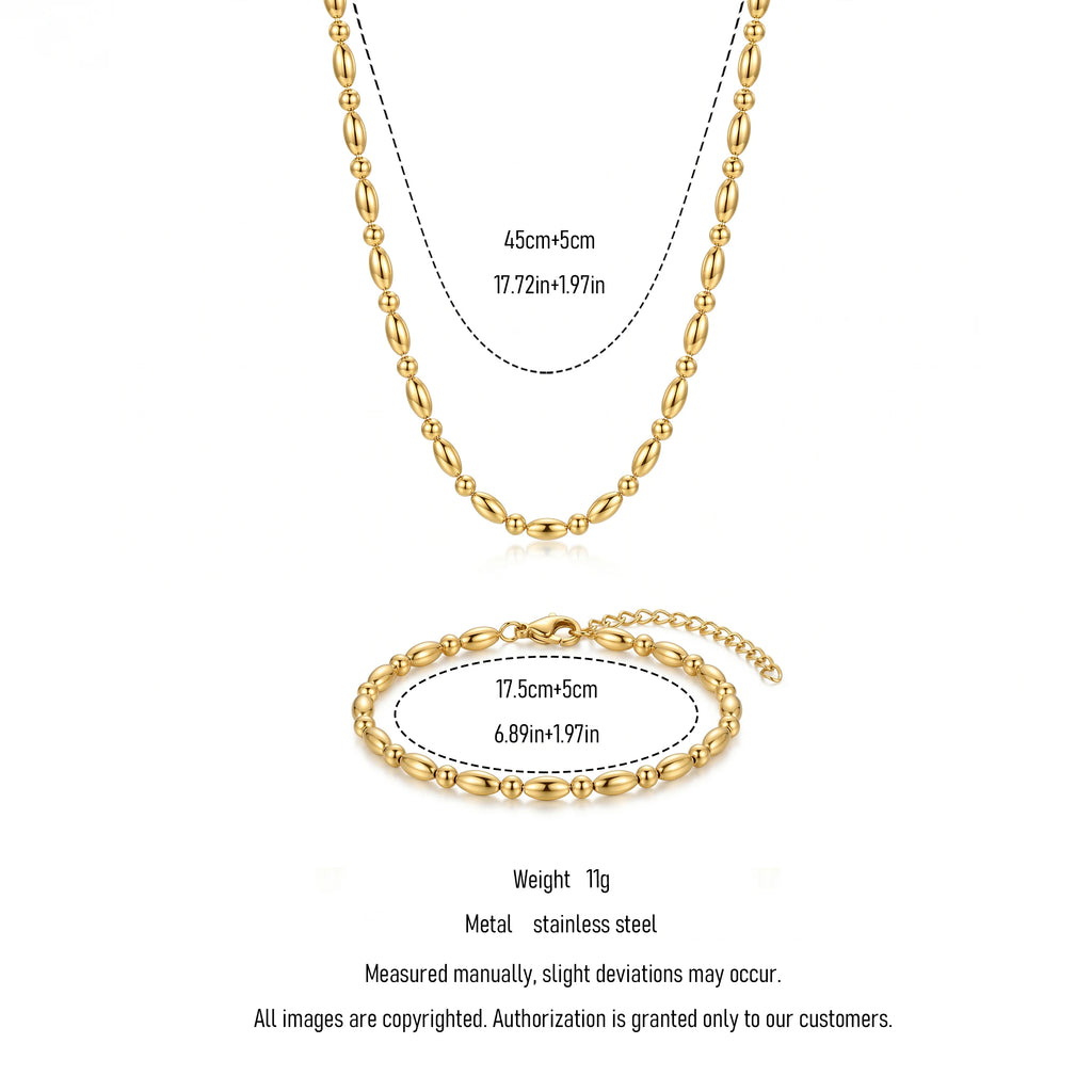 QIAOREN 11632 Waterproof 18K Gold Plated Stainless Steel Rice Bead Jewelry Set Necklace Bracelet Daily Wear