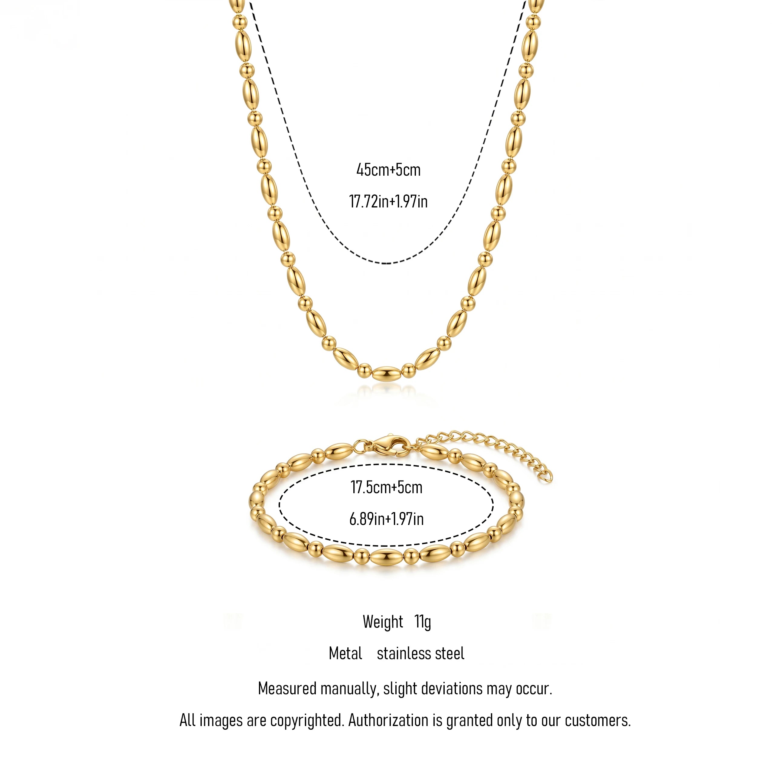 QIAOREN 11632 Waterproof 18K Gold Plated Stainless Steel Rice Bead Jewelry Set Necklace Bracelet Daily Wear