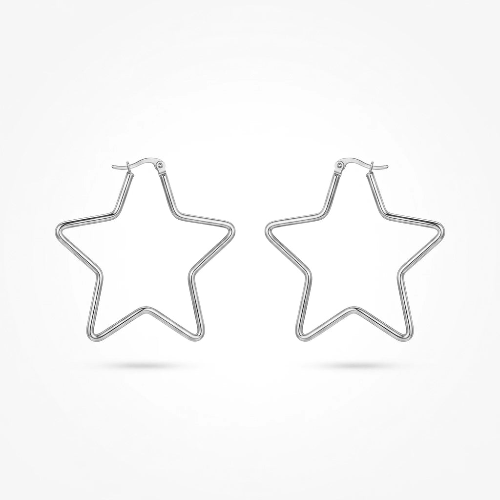 QIAOREN 12327 Trendy Star Hoop Earrings Gold Stainless Steel Sleek 5-Point Star Shaped Large Hoops Y2K Celestial Jewelry Women
