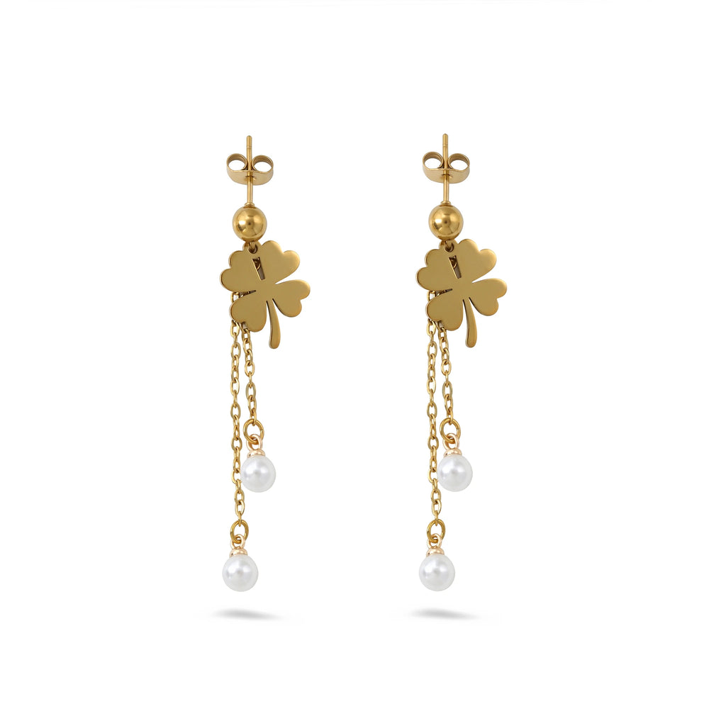 QIAOREN11784 18K Gold Plated Stainless Steel Four Leaf Clover Earrings with Double Pearl Tassel Drop
