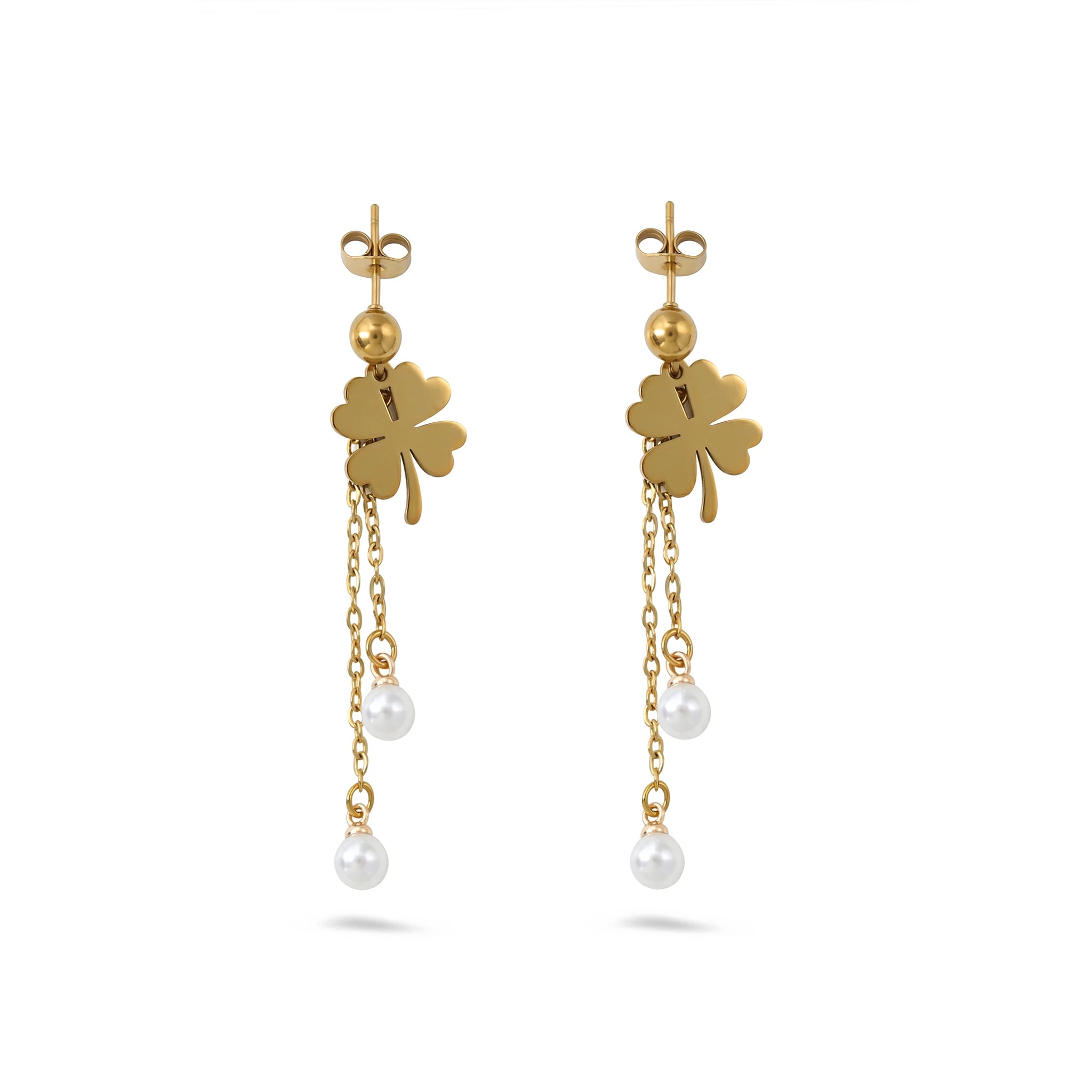 QIAOREN11784 18K Gold Plated Stainless Steel Four Leaf Clover Earrings with Double Pearl Tassel Drop