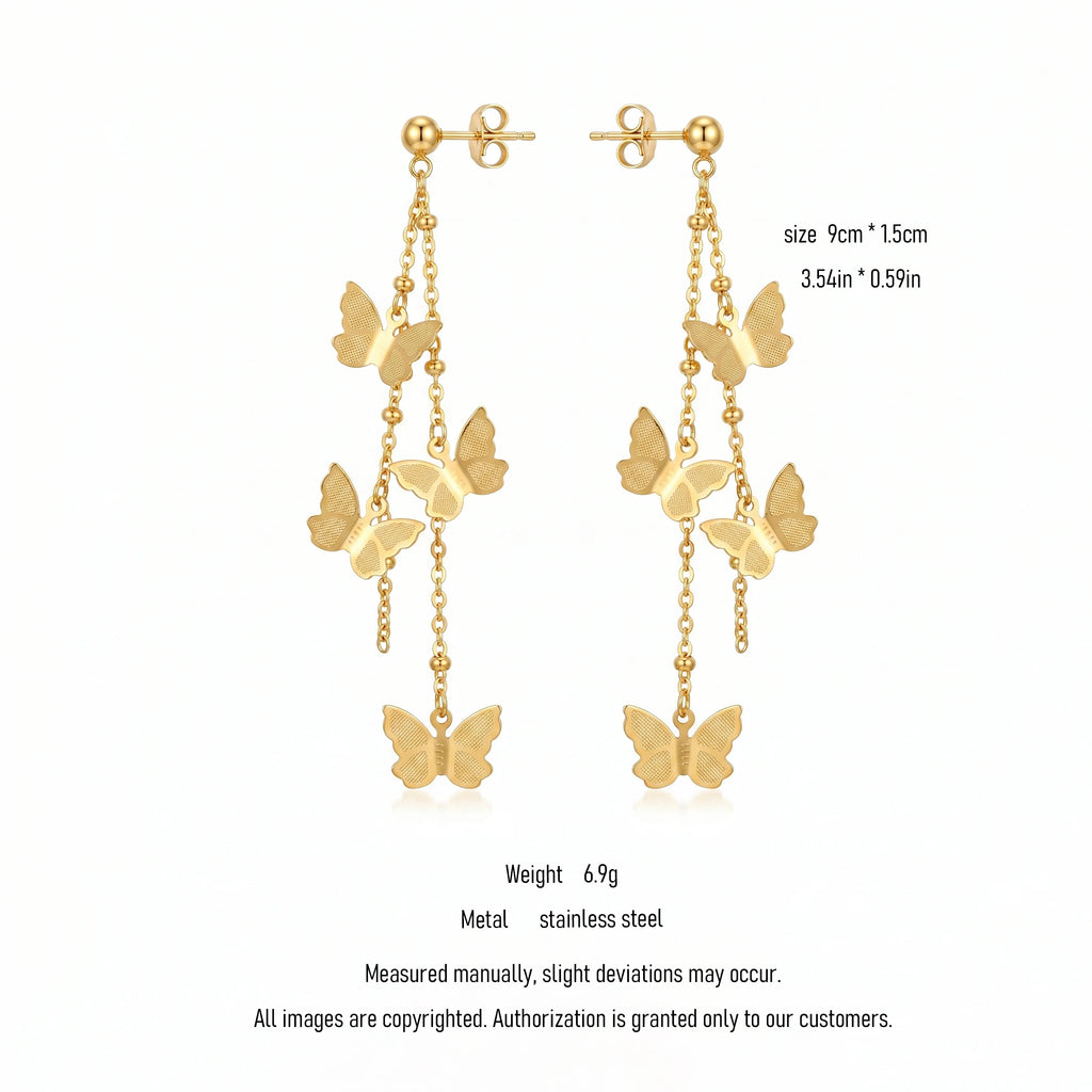 QIAOREN 10788 Dainty Long Tassel Butterfly Dangle Earrings 18K Gold Plated Stainless Steel Waterproof Non Tarnish Women Jewelry