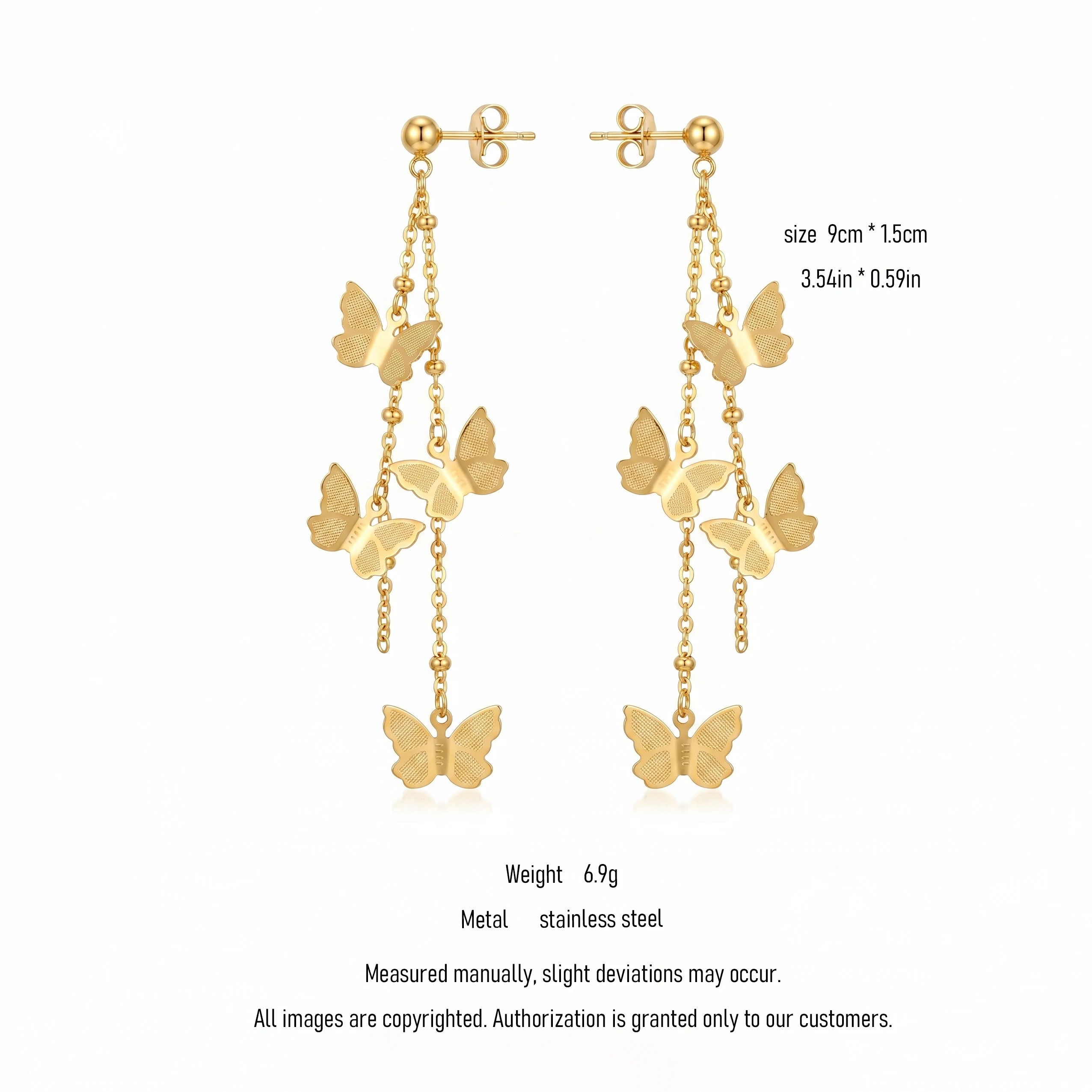 QIAOREN 10788 Dainty Long Tassel Butterfly Dangle Earrings 18K Gold Plated Stainless Steel Waterproof Non Tarnish Women Jewelry