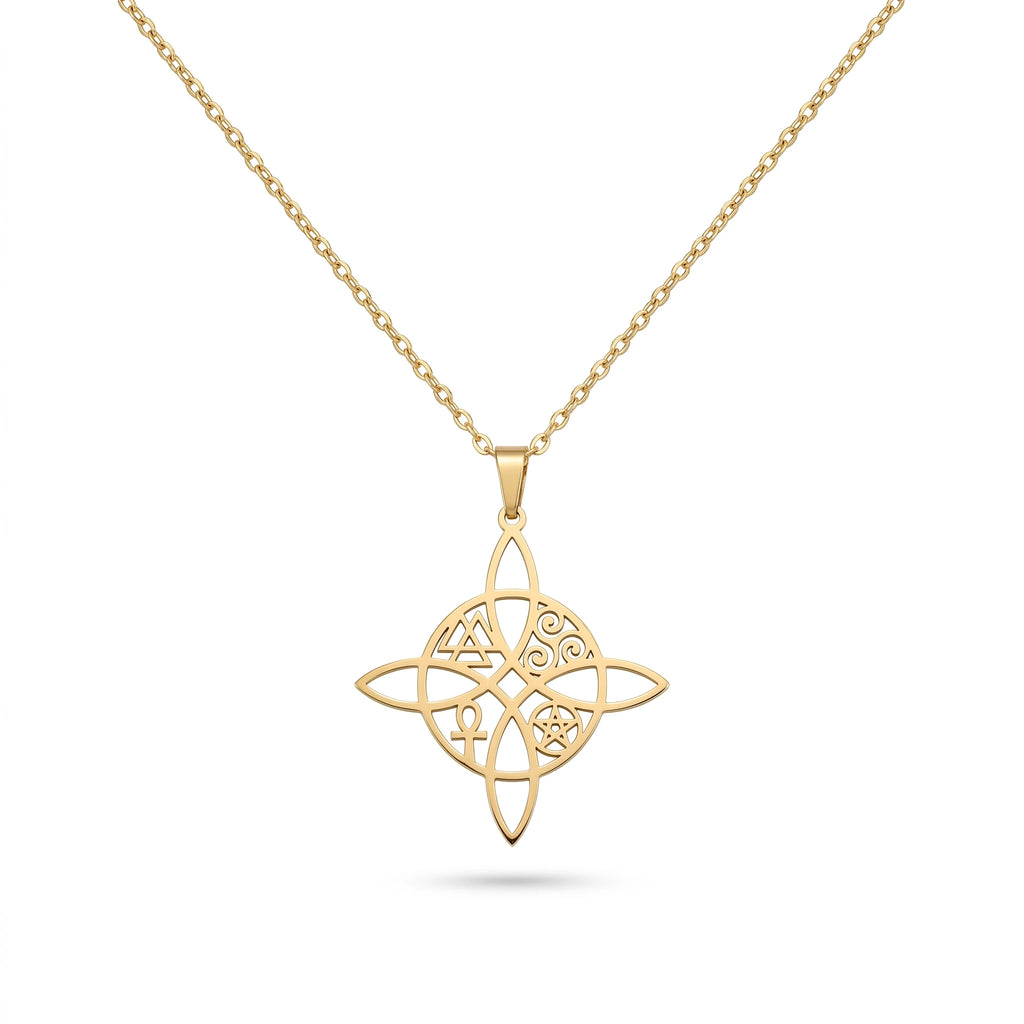 QIAOREN 11841 Waterproof Hollow Celtic Witch Knot Necklace 18K Gold Stainless Steel Four Elements Spiritual All-Day Wear Jewelry