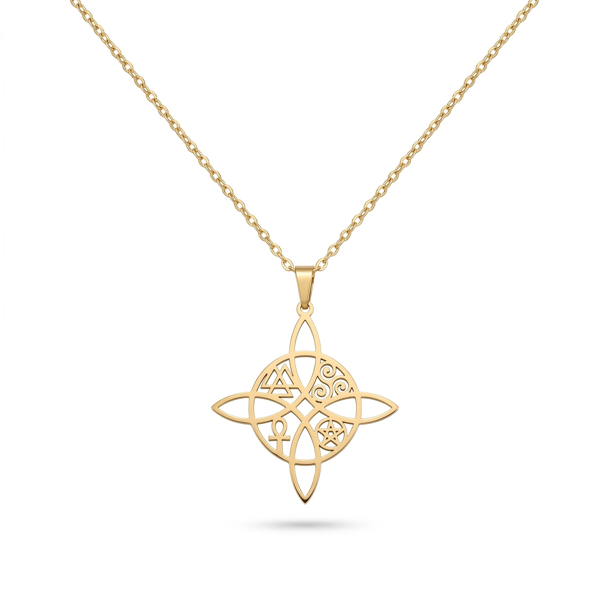 QIAOREN 11841 Waterproof Hollow Celtic Witch Knot Necklace 18K Gold Stainless Steel Four Elements Spiritual All-Day Wear Jewelry