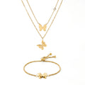 QIAOREN 11683 Tarnish Free 18K Gold Stainless Steel Trendy Quartz Butterfly Jewelry Set Layered Necklace Adjustable Bracelet