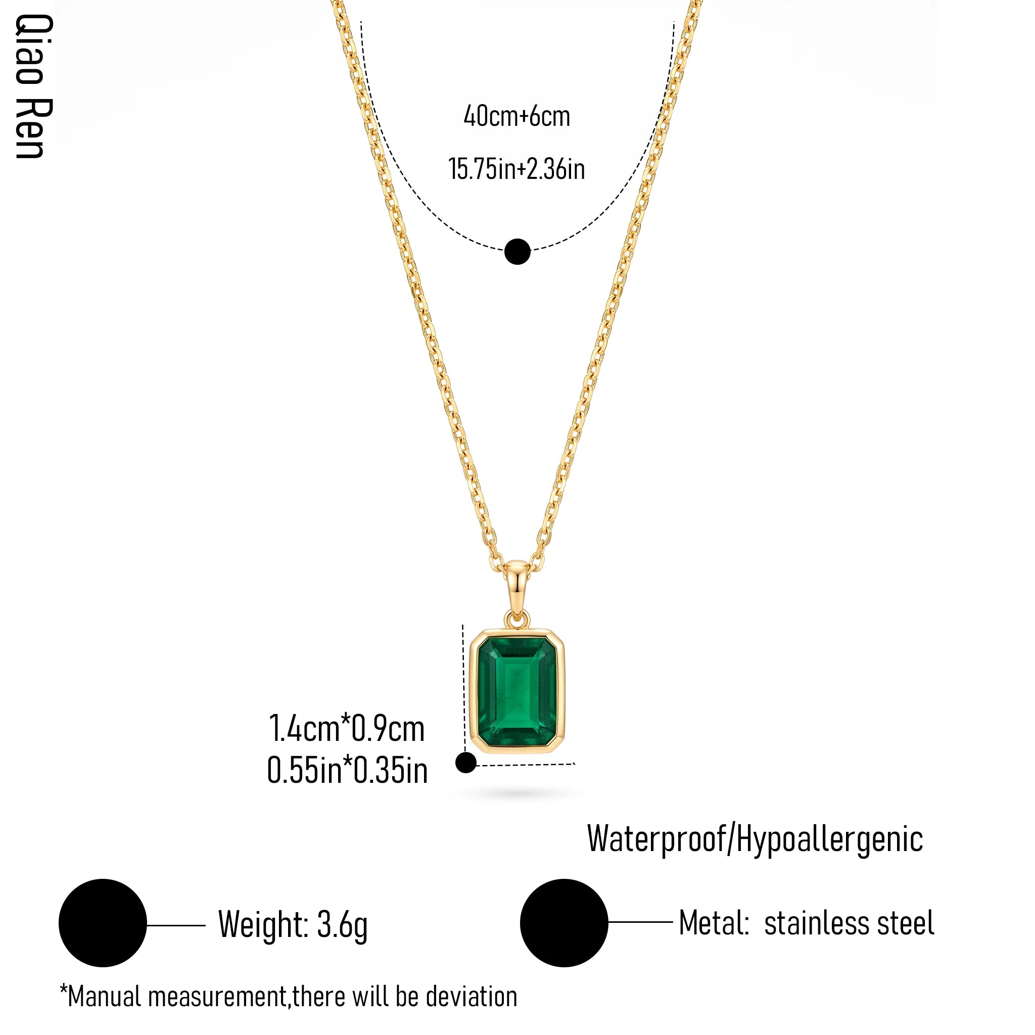 QIAOREN 14375 Emerald Cut Green Zirconia Rectangle Pendant Curb Chain Necklace, Stainless Steel Jewelry Gift
