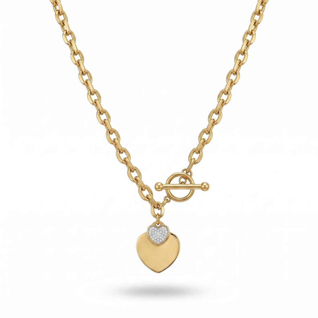 QIAOREN 13539 Chunky Oval Link Heart Necklace, Two-tone Solid & Paved Zircon Love Charms Gold Necklace