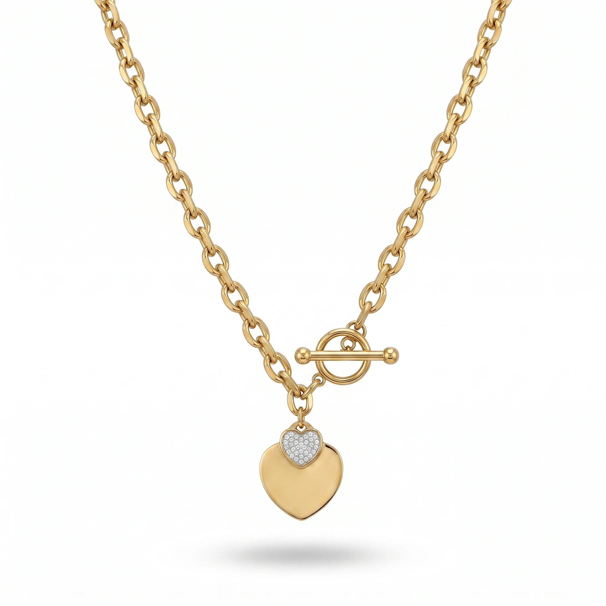 QIAOREN 13539 Chunky Oval Link Heart Necklace, Two-tone Solid & Paved Zircon Love Charms Gold Necklace