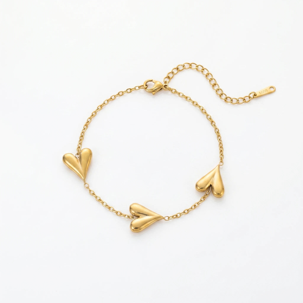 QIAOREN 12890 18K Gold Plated Puffy Heart Bracelet, Waterproof Tarnish Free Stainless Steel Heart Charm Bracelet for Women