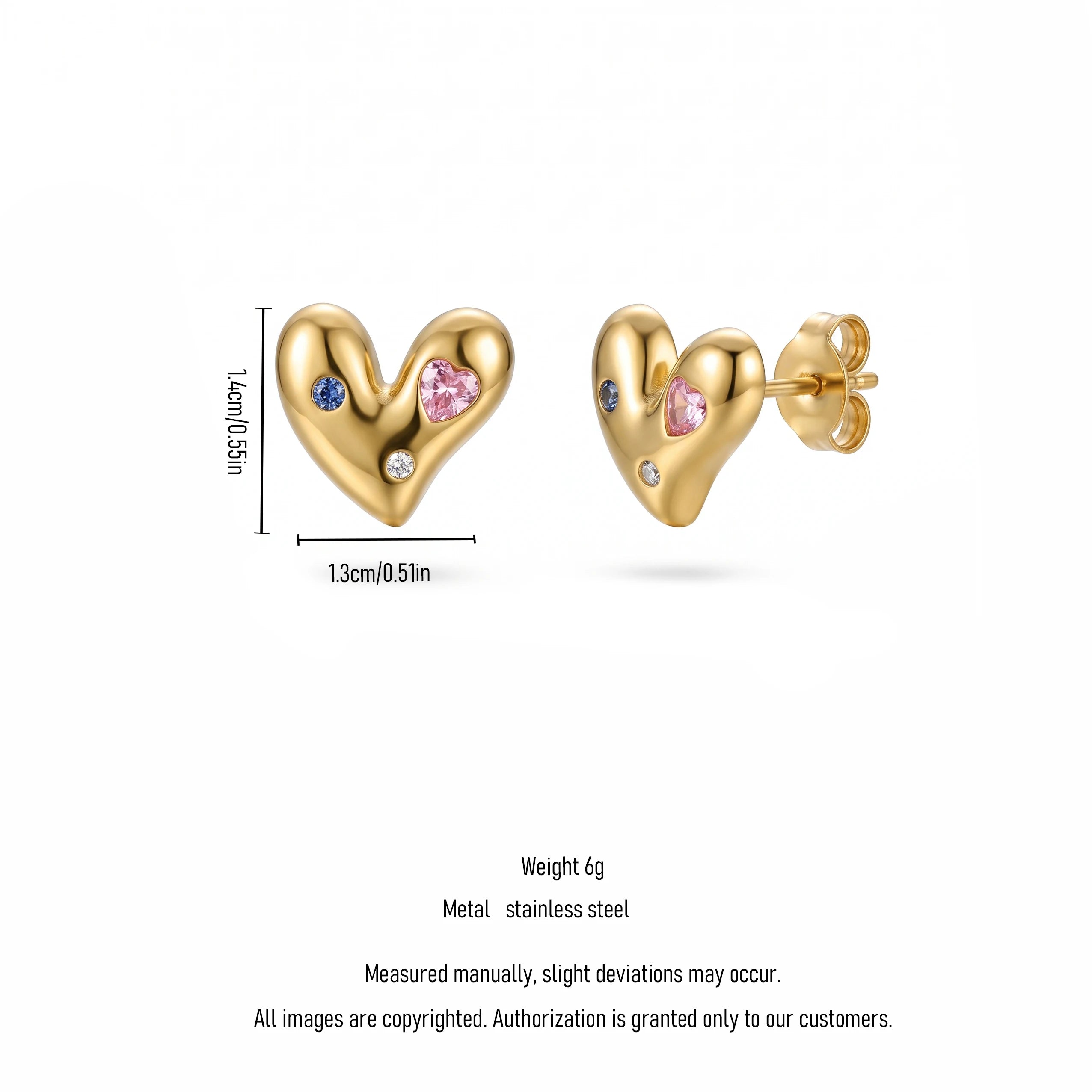 QIAOREN 13967-68 Stainless Steel Puffy Heart Stud Earrings Gold Crystal Heart Earrings Dainty Cute Jewelry for Women