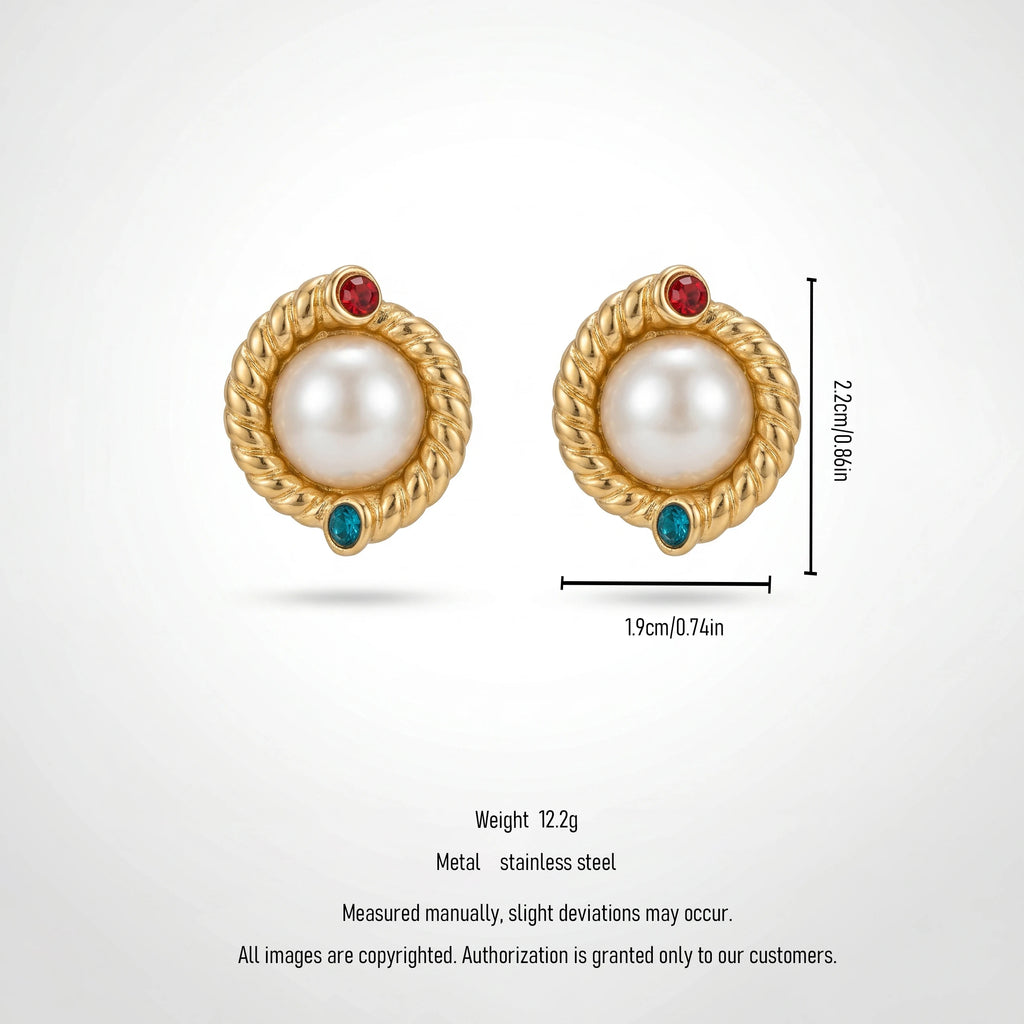 QIAOREN 12262 Byzantine Vintage Pearl Stud Earrings Gold Stainless Steel Twisted Rope Red Blue CZ Accent Jewelry Women US EU