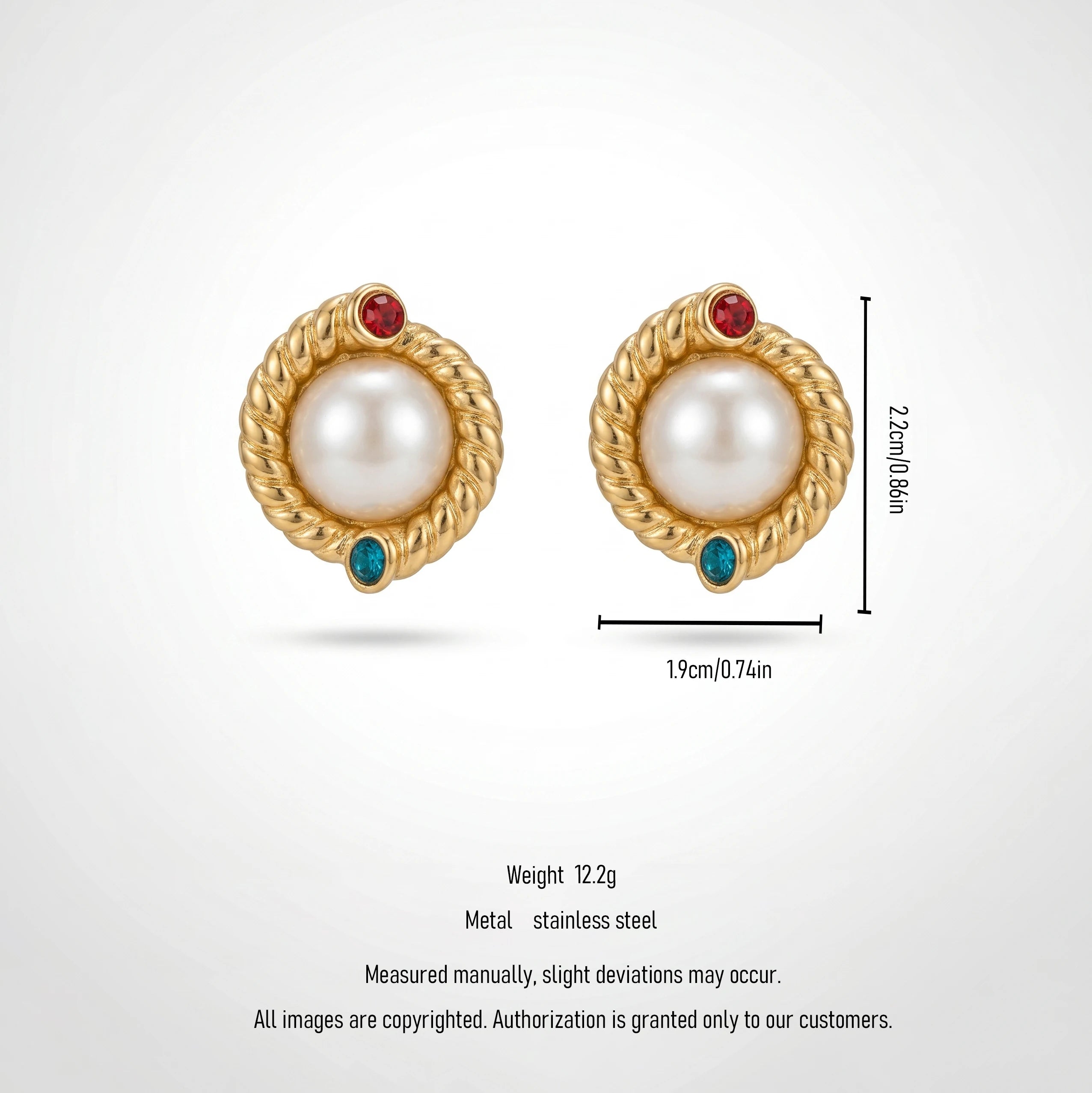 QIAOREN 12262 Byzantine Vintage Pearl Stud Earrings Gold Stainless Steel Twisted Rope Red Blue CZ Accent Jewelry Women US EU