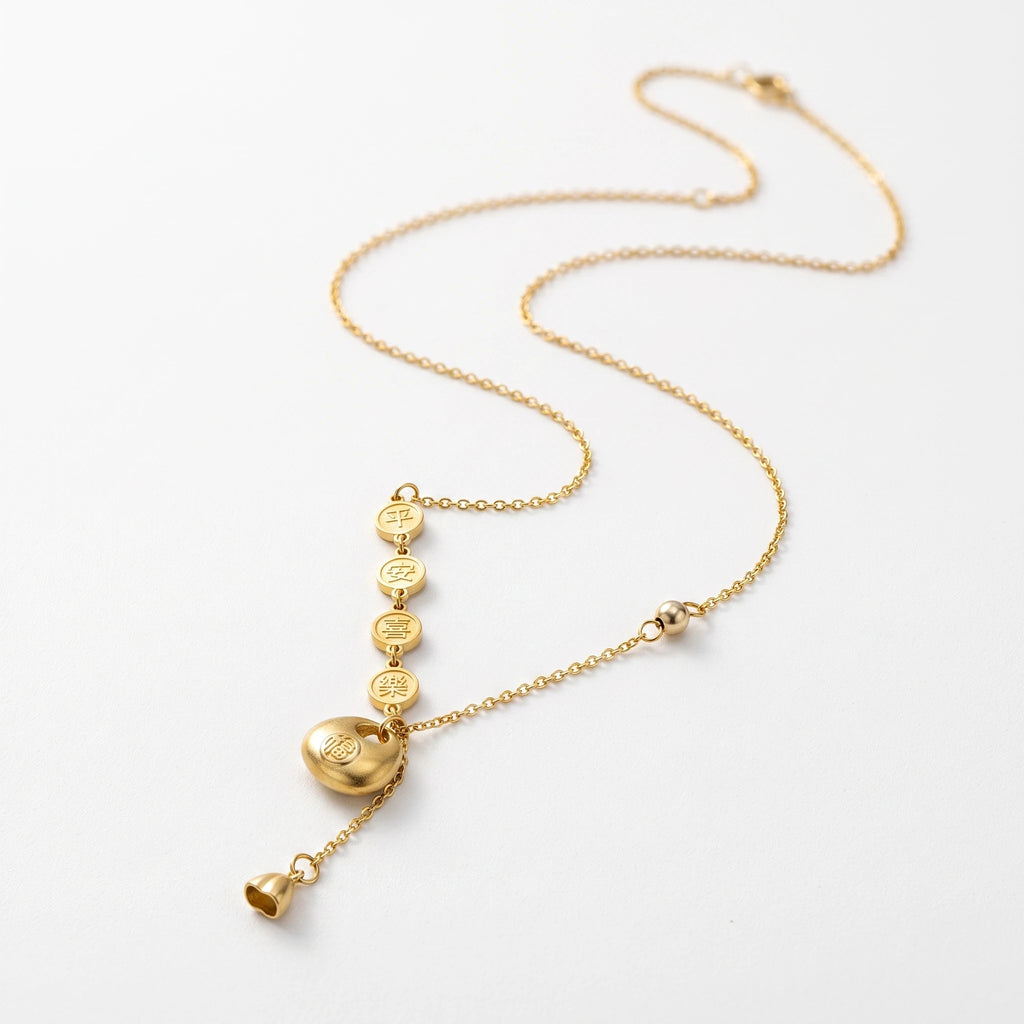 QIAOREN 13503 Chinese Blessing Ping an Le Fu Pouch Y Drop Necklace, Lucky Coin & Beaded Thin Chain Gold Necklace