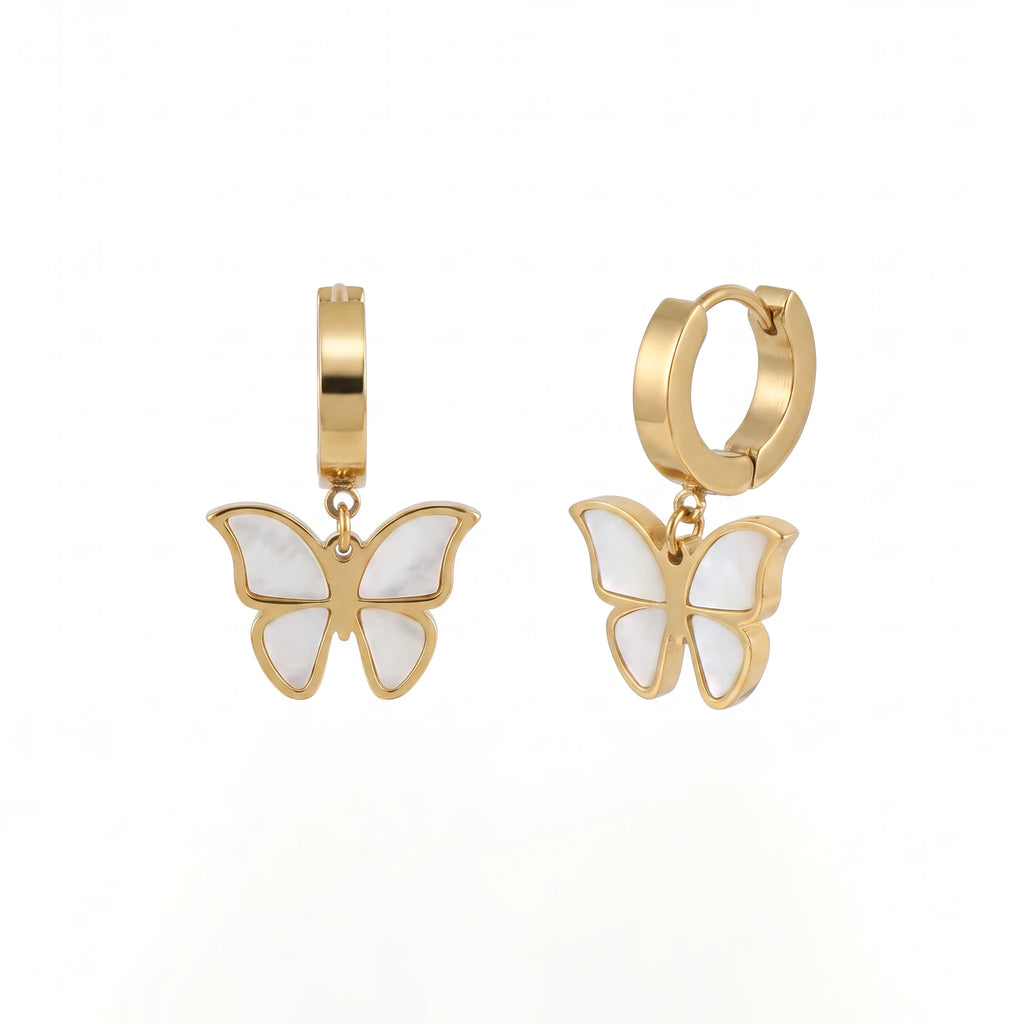 QIAOREN 13441 Butterfly Huggie Stud Gold Tone MOP Shell Dangle Earrings Minimal Trendy Ear Jewelry Women Daily Stackable Gift