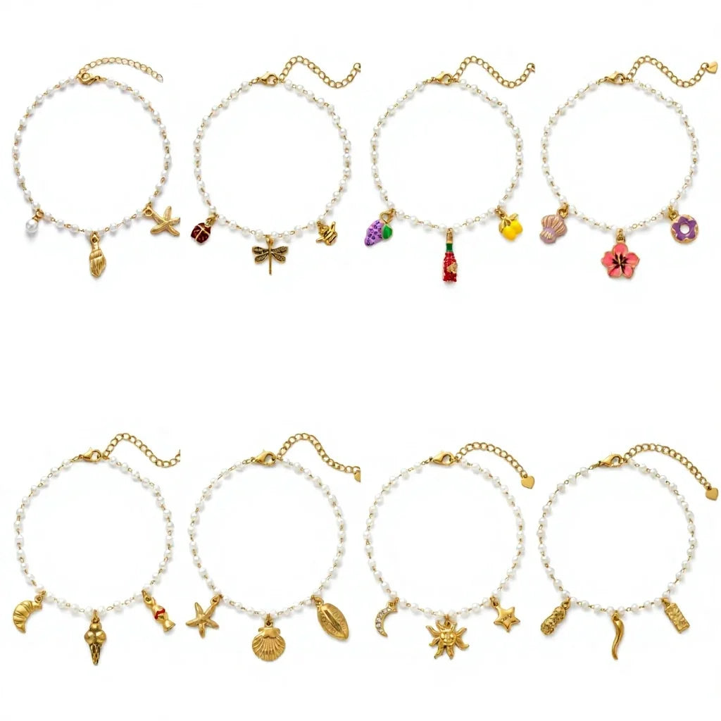 QIAOREN 10588 Starfish Seashell Pearl Trendy Party Anklet 18K Gold Plated Stainless Steel Waterproof Beach Jewelry for Women