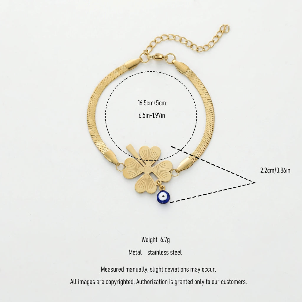 QIAOREN 12779 Stainless Steel Gold Snake Chain Bracelet Four Leaf Clover  Adjustable Women Wrist Jewelry
