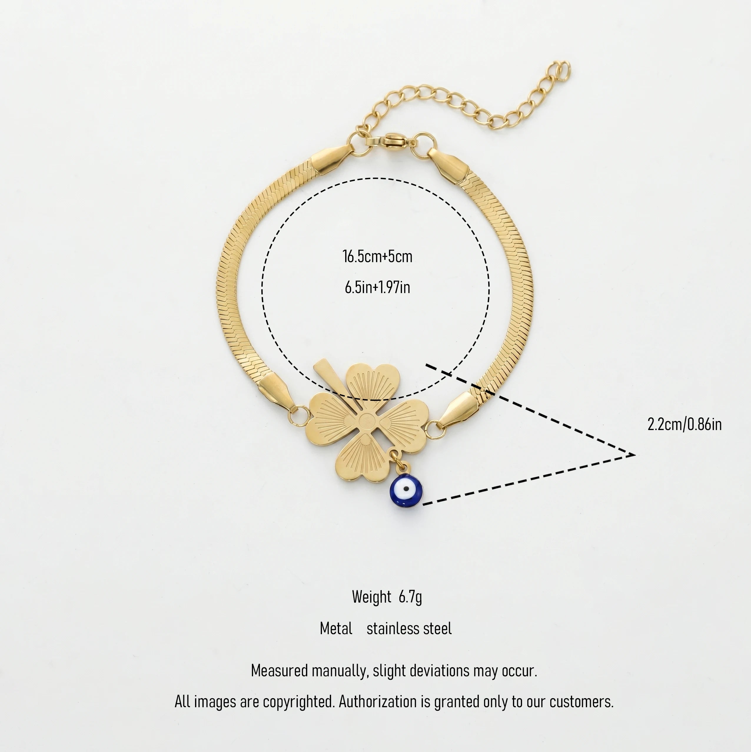 QIAOREN 12779 Stainless Steel Gold Snake Chain Bracelet Four Leaf Clover  Adjustable Women Wrist Jewelry