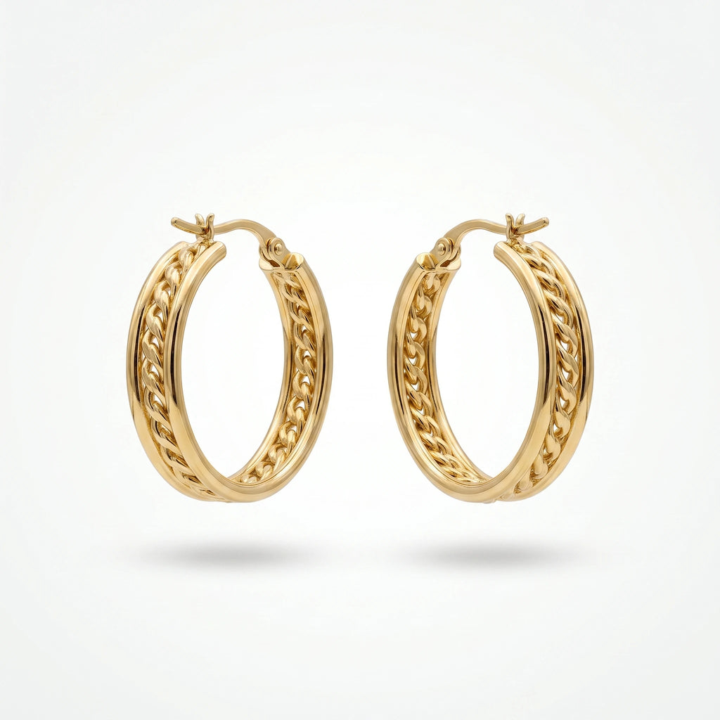 QIAOREN 12385 Chunky Cuban Link Chain Hoop Earrings Gold Stainless Steel Textured Curb Chain Inset Hoops Women US Europe