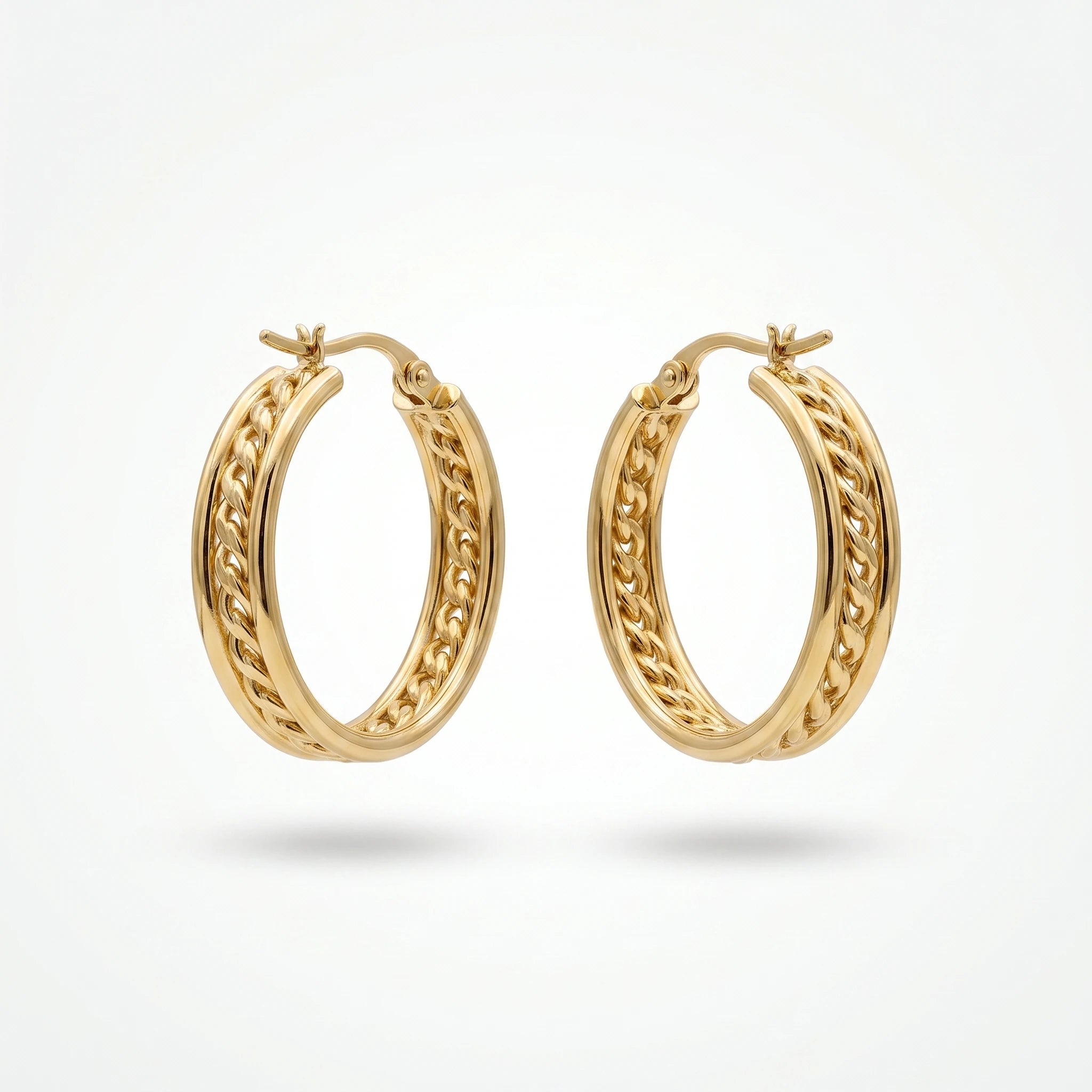 QIAOREN 12385 Chunky Cuban Link Chain Hoop Earrings Gold Stainless Steel Textured Curb Chain Inset Hoops Women US Europe