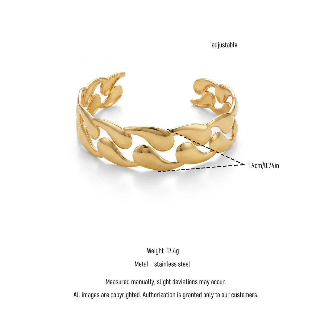 QIAOREN 12703 18K Gold Polished Interlocked Teardrop Chain Hollow Open Cuff Bracelet Stainless Steel Smooth Linked Adjustable