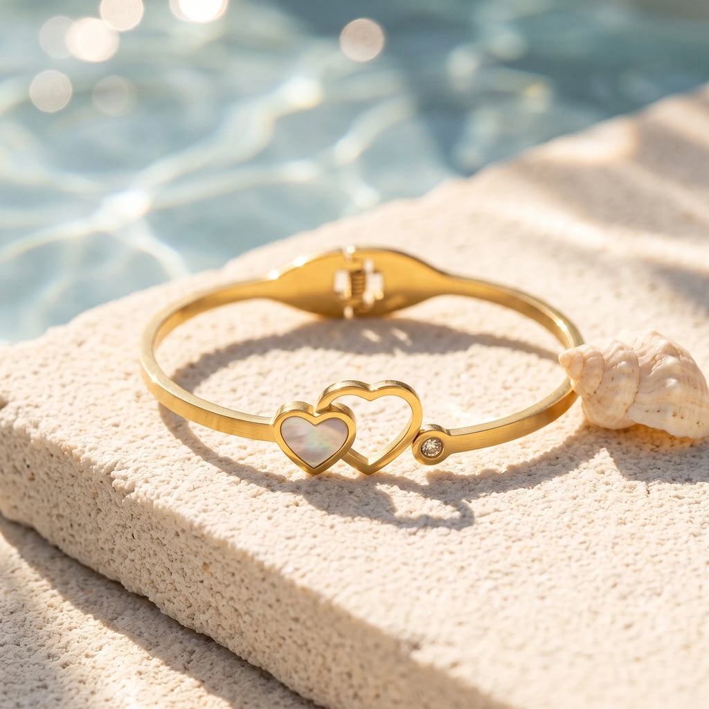 QIAOREN 13658 Spring Thin Cuff Bangle with Interlocking Double Heart Charms, Inlaid White Mother of Stone & Tiny Side Zircon