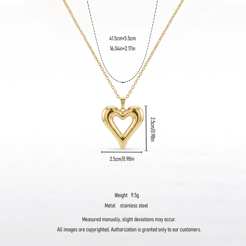 QIAOREN 12894 18K Gold Plated Puffy Heart Necklace, 3D Open Heart Pendant, Waterproof Tarnish Free Stainless Steel Jewelry Women