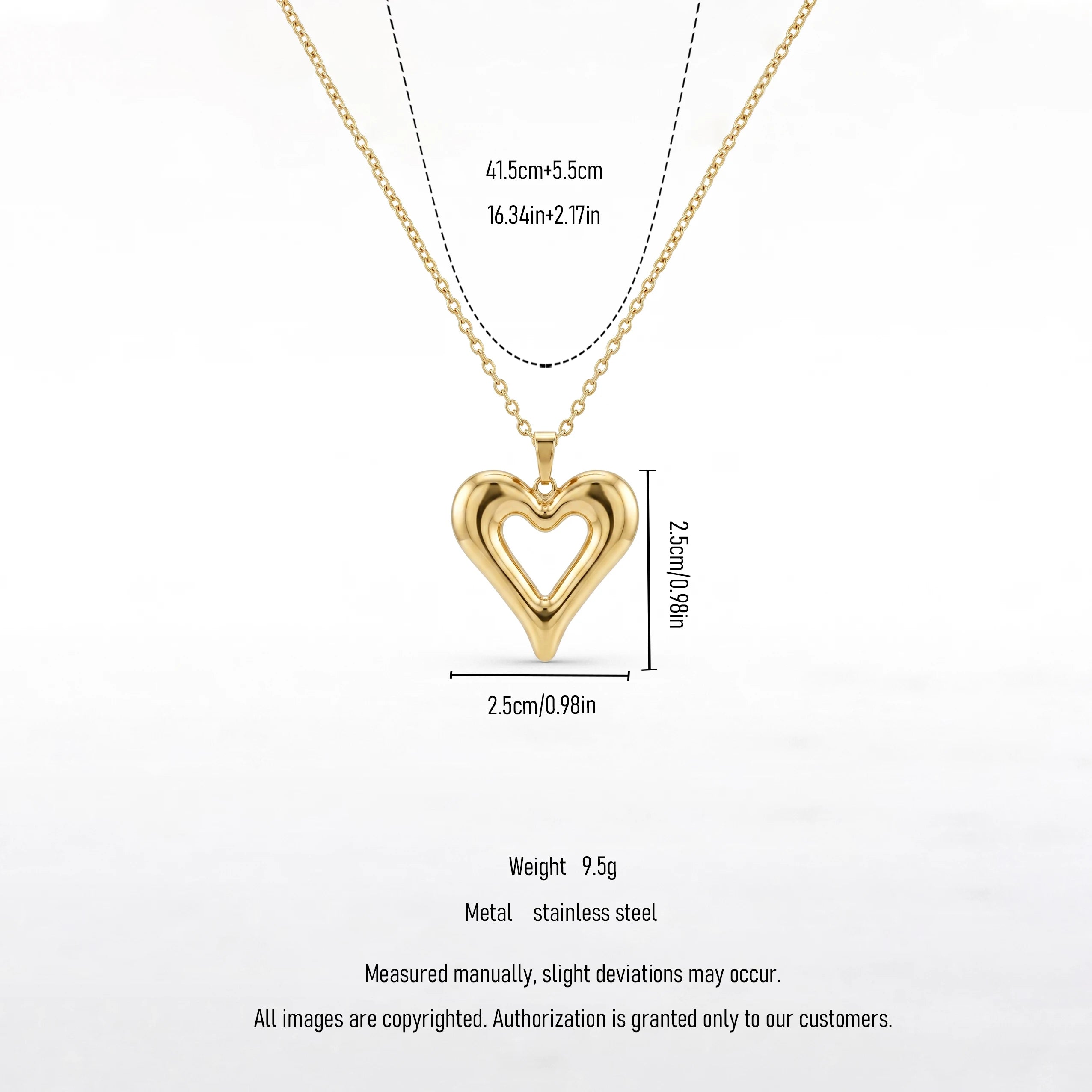 QIAOREN 12894 18K Gold Plated Puffy Heart Necklace, 3D Open Heart Pendant, Waterproof Tarnish Free Stainless Steel Jewelry Women