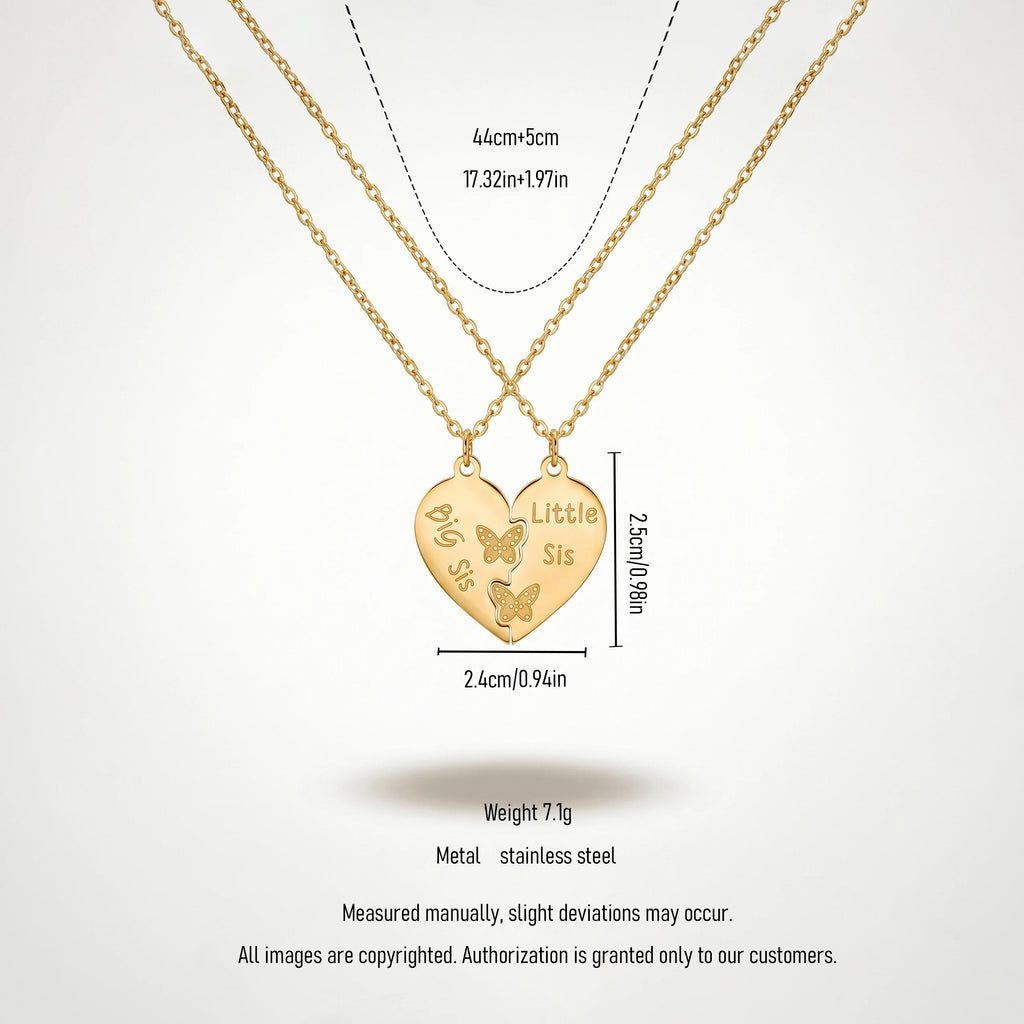 QIAOREN 1288618K Gold Big Sis Little Sis Split Heart Necklace for 2, Butterfly Stainless Steel Sister Jewelry, Tarnish Free Gift