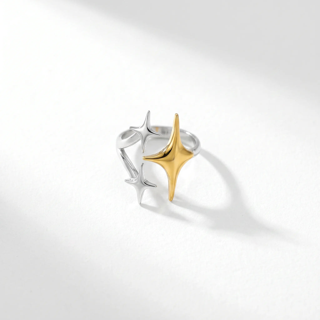 QIAOREN 12923-27 18K Gold Plated 316L Stainless Steel Two Tone Snake Star Adjustable Rings Set Tarnish Free Waterproof Jewelry