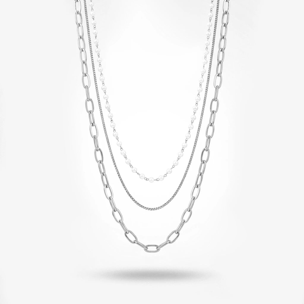 QIAOREN 11353 18K Gold Plated 3 Layered Pearl & Paperclip Chain Necklace Stainless Steel Tarnish Free