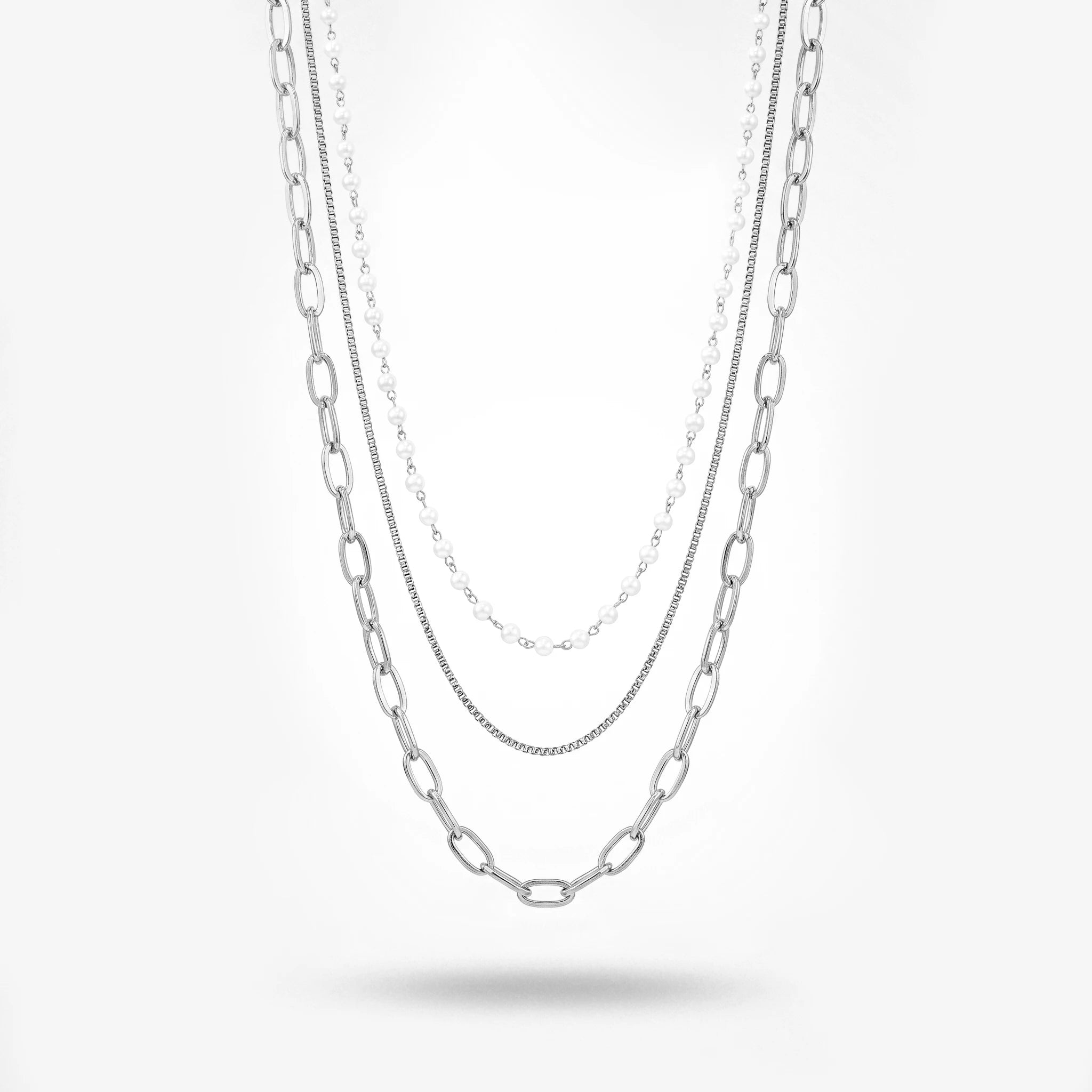 QIAOREN 11353 18K Gold Plated 3 Layered Pearl & Paperclip Chain Necklace Stainless Steel Tarnish Free