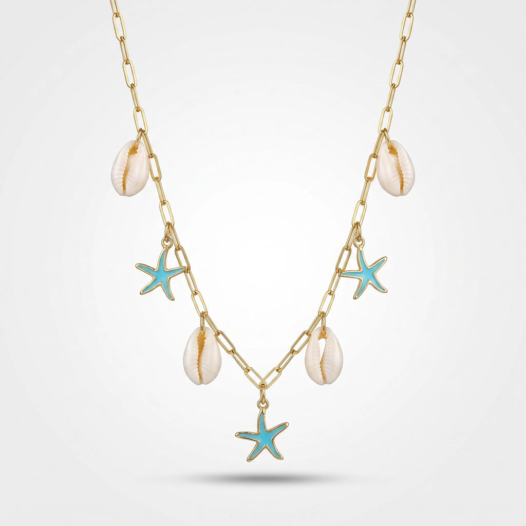 QIAOREN 13540 Paperclip Necklace with Natural Shell & Blue Enamel Starfish Charms, Gold Ocean Beach Necklace