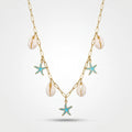 QIAOREN 13540 Paperclip Necklace with Natural Shell & Blue Enamel Starfish Charms, Gold Ocean Beach Necklace