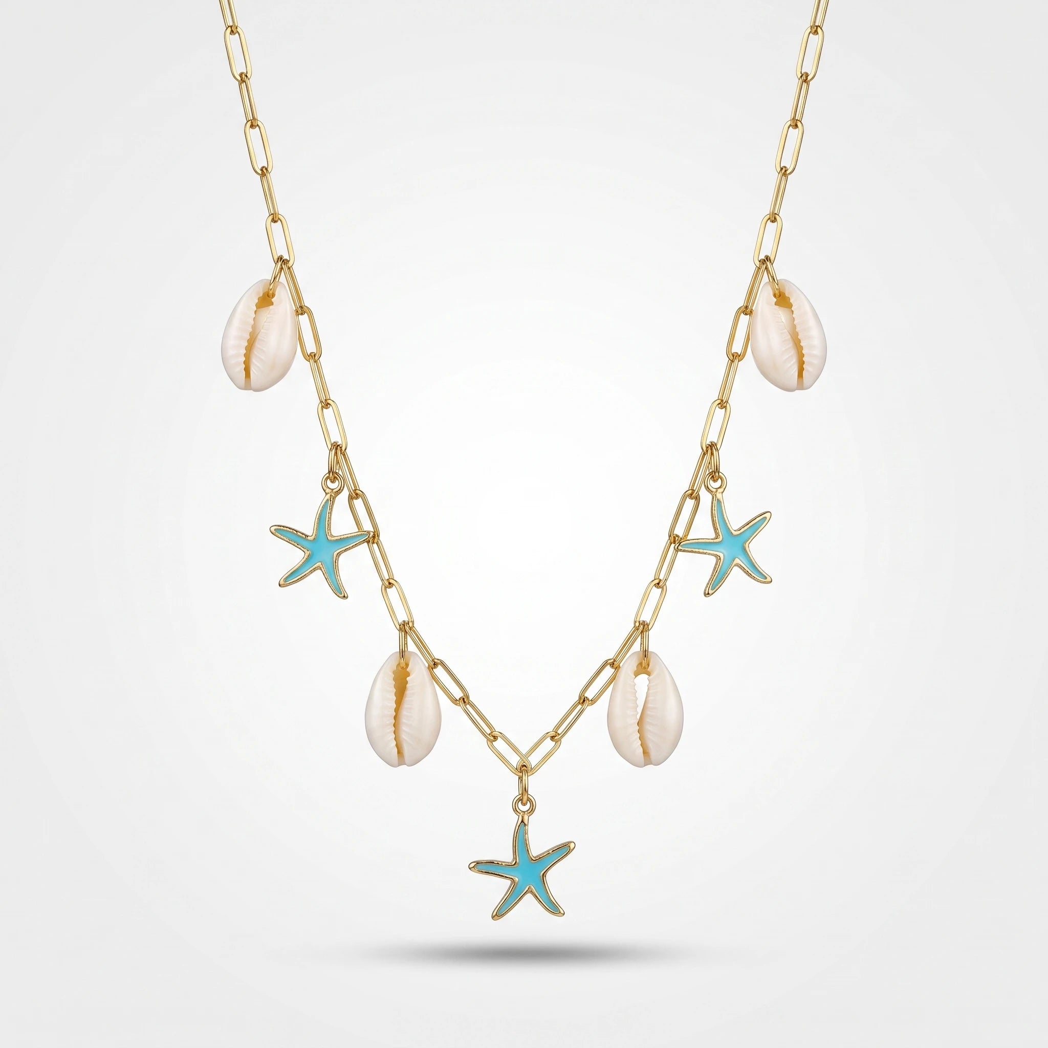 QIAOREN 13540 Paperclip Necklace with Natural Shell & Blue Enamel Starfish Charms, Gold Ocean Beach Necklace
