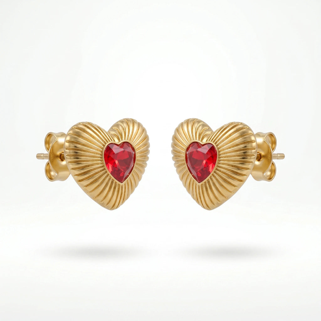 QIAOREN 12205 Gold Plated Stainless Steel Sunburst Heart Stud Earrings