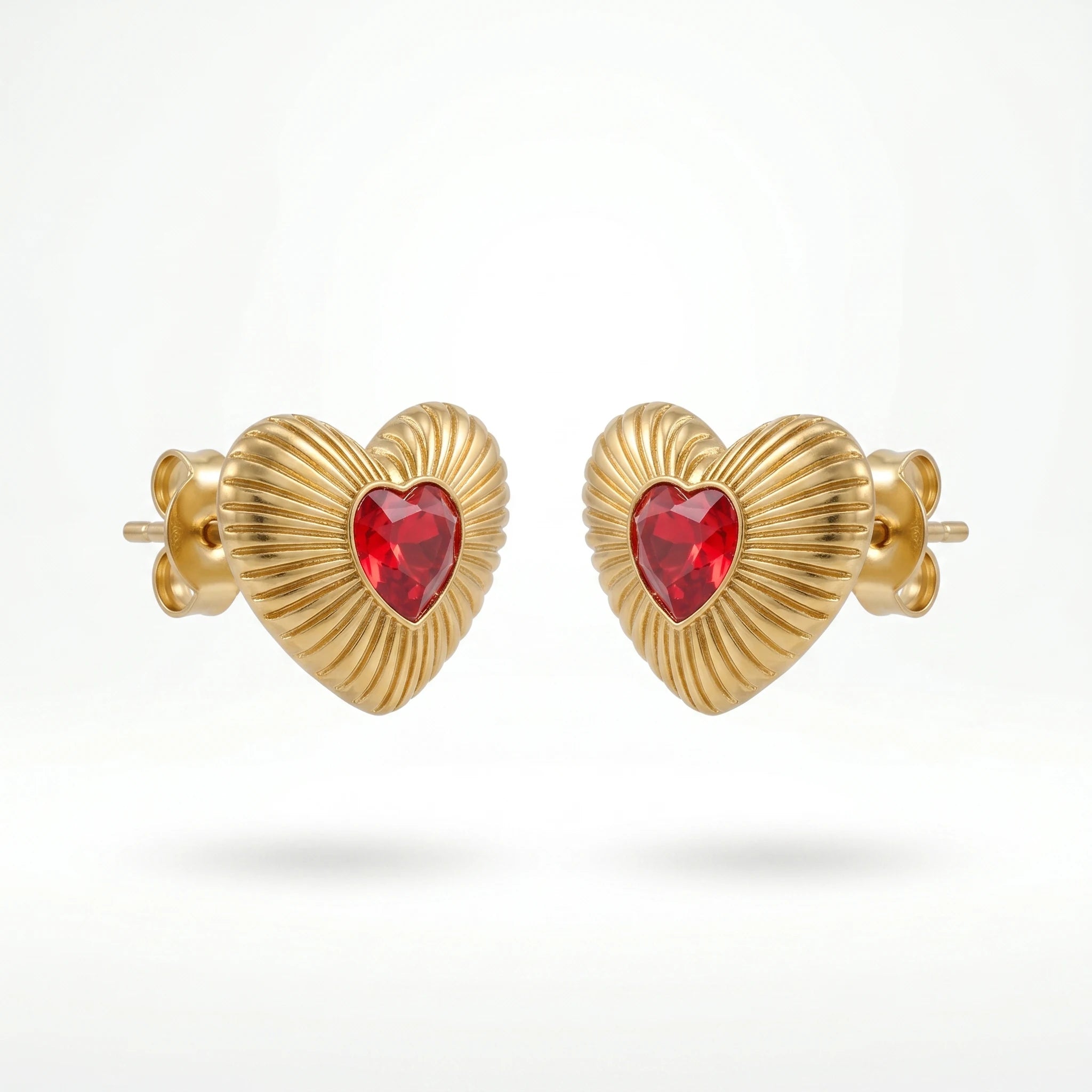 QIAOREN 12205 Gold Plated Stainless Steel Sunburst Heart Stud Earrings