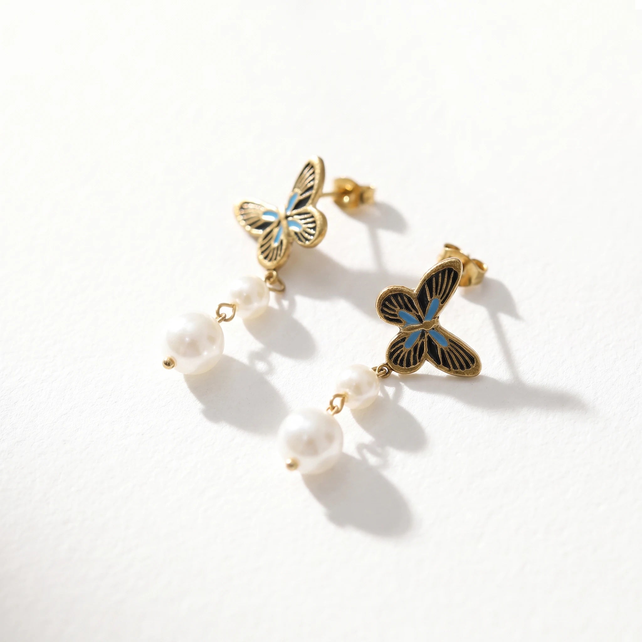 QIAOREN 13444 Gold Tone Butterfly Double Pearl Drop Stud Earrings Vintage Blue Black Insect Dangle Ear Jewelry Gift