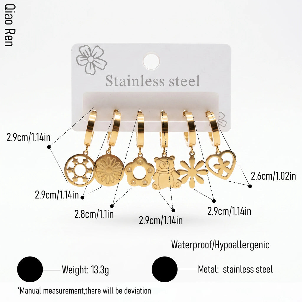 QIAOREN 14479 6 Pair Gold Stainless Steel Huggie Hoop Earrings Set, Bear & Floral Cutout Disc Dangle Drop Earrings